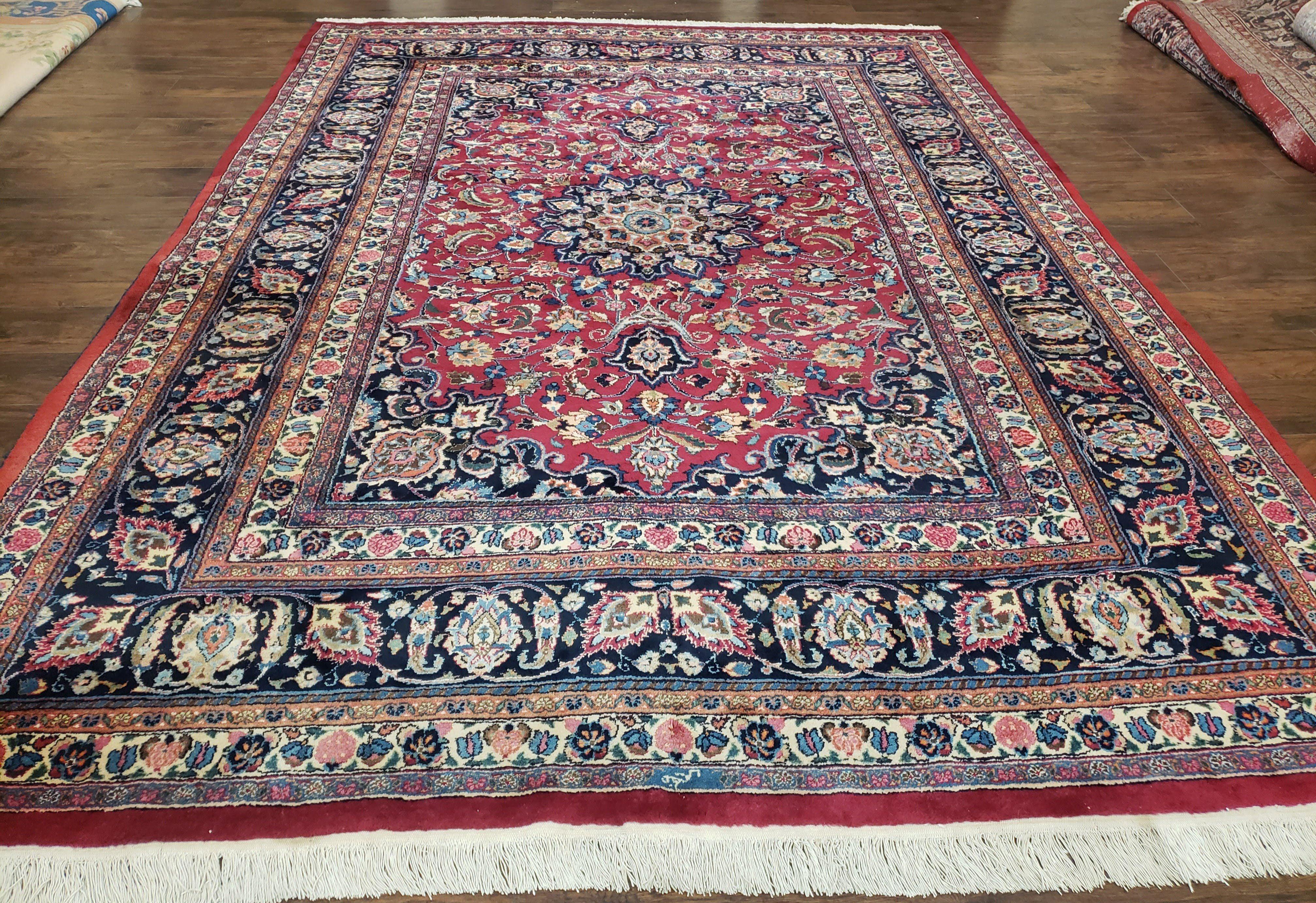 1950s Persian Mashad Rug 8' 3" x 11' 7", Room Sized Persian Carpet, Semi Antique, Medallion with Floral Allover Pattern, Red and Navy Blue Signature Master Weaver - Jewel Rugs