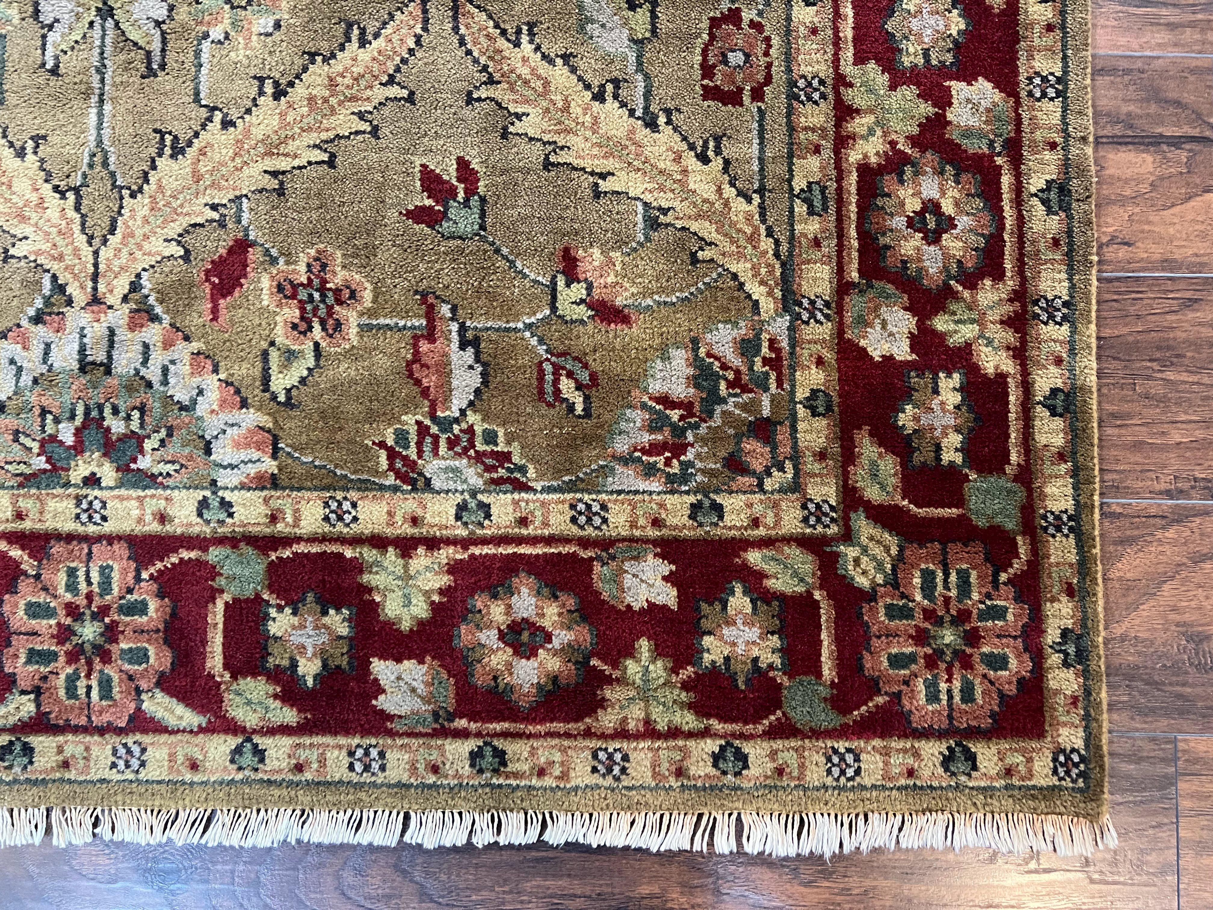 Vintage Indo Mahal Area Rug 5.7 x 9, Indian Persian Oriental Carpet, Green Maroon Beige Rug, Hand-Knotted, Floral Design, Wool, Medium Rug - Jewel Rugs