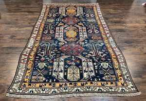 Antique Persian Kurdish Rug 5.6 x 9.8, Kurdish Tribal Carpet, Wool Tribal Rug, Geometric Rug, Bohemian Rug, Boho Rug, Navy Blue Cream Orange - Jewel Rugs
