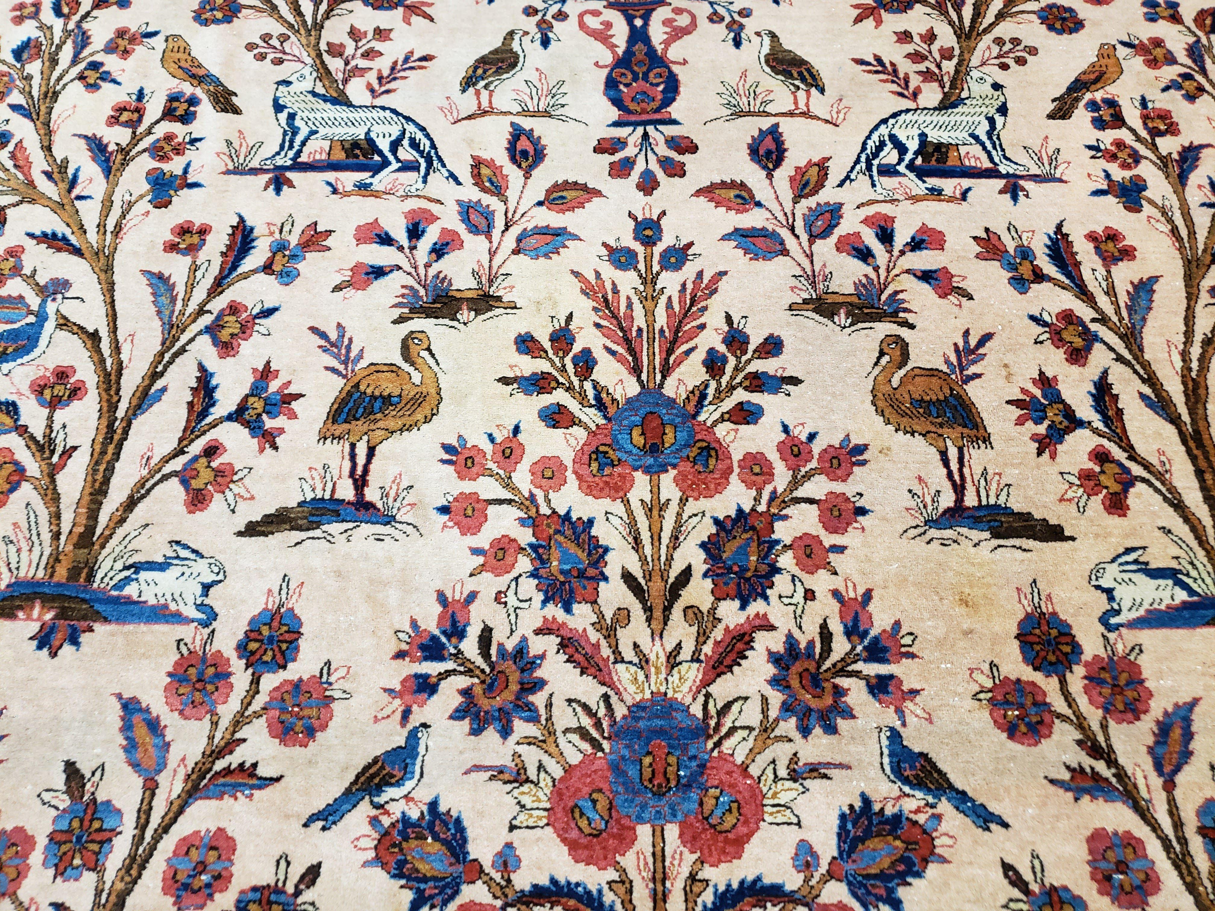 Antique 1920s Persian Kashan Room Sized Rug, Wool Hand-Knotted, Ivory Red Blue, 10' x 13' 3" - Jewel Rugs