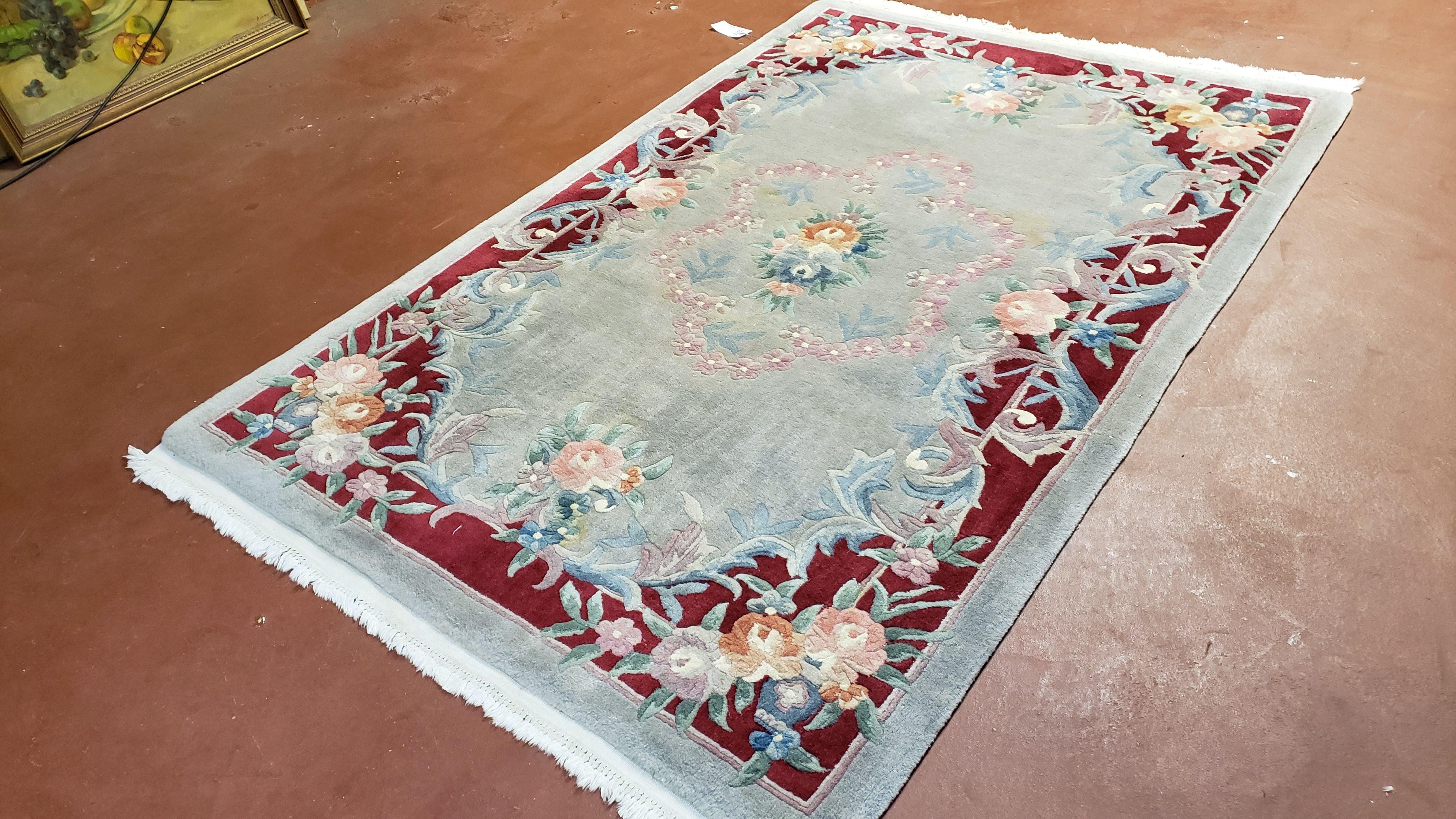 Gray & Red Chinese Art Deco Rug, 4x6 Vintage Chinese Carpet, 4 x 6 Hand Knotted Vintage Wool Rug with Flowers, 4 by 6 Area Rug - Jewel Rugs