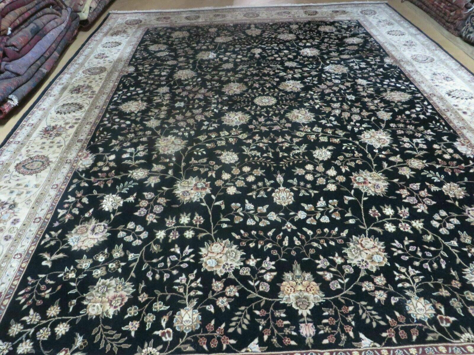 9' X 12' Vintage Handmade Chinese Allover Oriental Wool & Silk Black and Beige Border Area Rug - Jewel Rugs