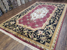 Vintage Nepalese Aubusson Area Rug 6x9, Pure Wool Hand-Knotted Black & Hibiscus Red Tibetan Carpet, Soft Plush Pile, 6 x 9 Savonnerie Rug - Jewel Rugs