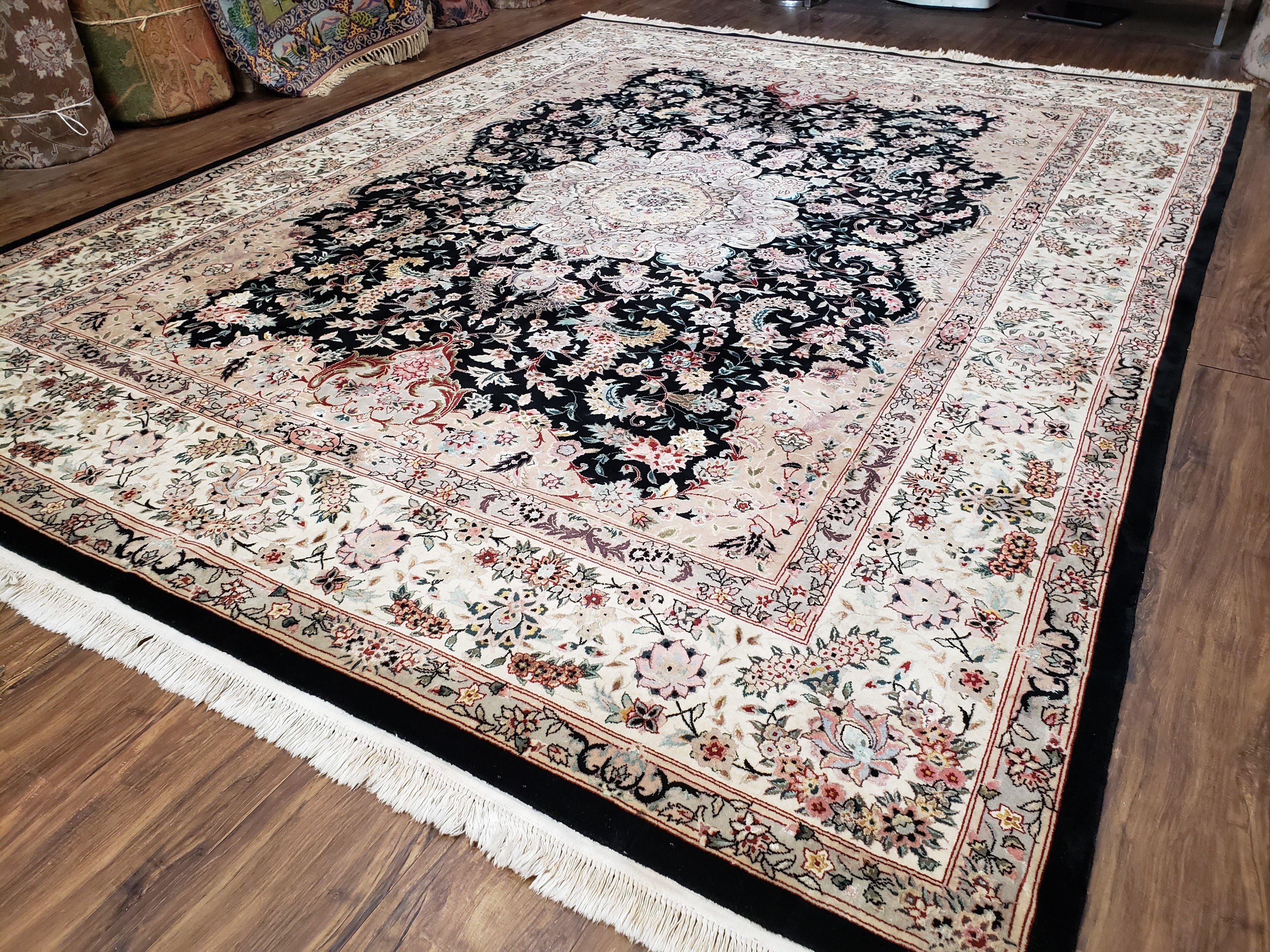 Stunning Sino Persian Rug 8x10, Elegant High Quality Handmade Carpet, Wool and Silk, Medallion with Corner Design, Floral, Black Ivory, Fine - Jewel Rugs