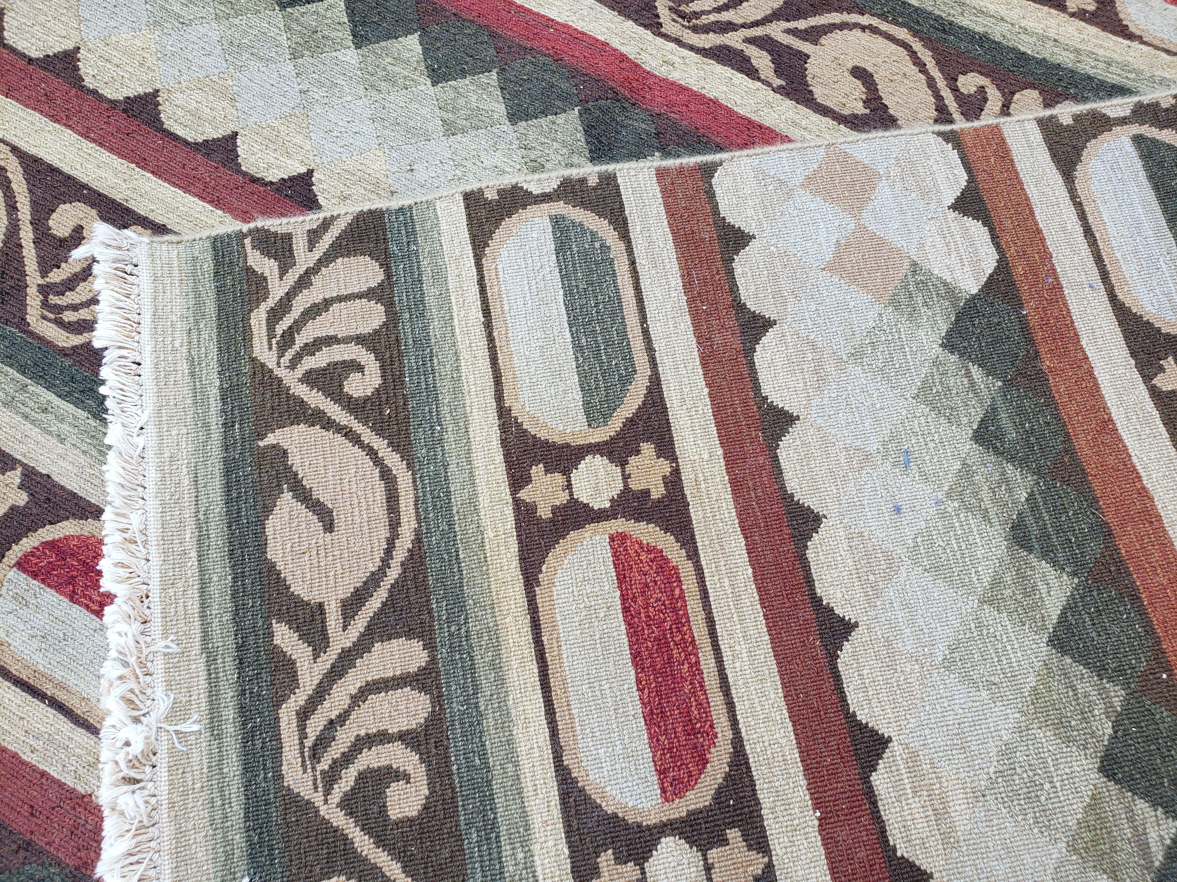 Large Vintage Striped Rug, Handmade, Earth Tone Decor, Beiges Slate Gray Dark Red, Flatweave Indian Striped Carpet, Indian Kilim 10x14, Wool - Jewel Rugs