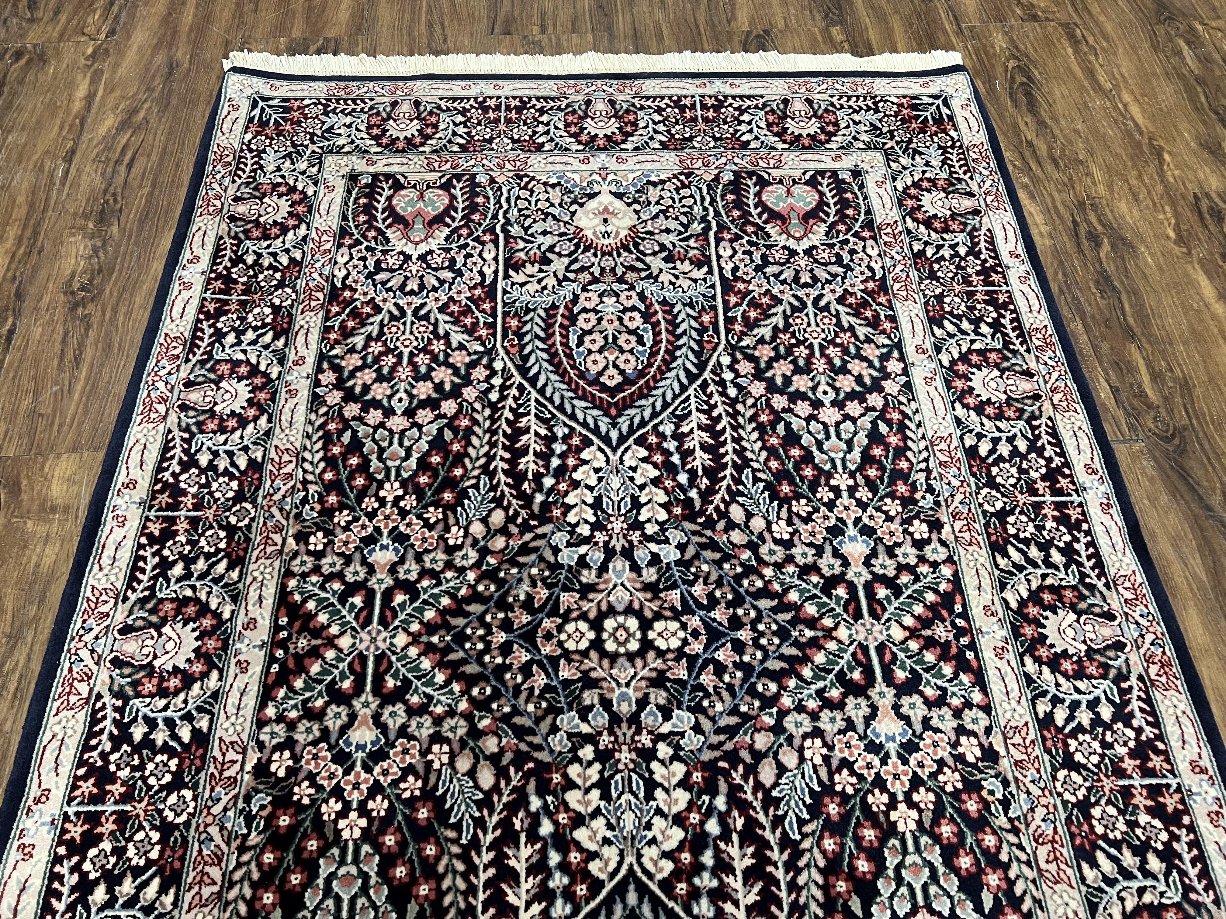 Fine Indo Kirman Persian Rug 3'9" x 6', Floral Allover Millefleurs, Persian Vase Rug Vintage Oriental Carpet Wool Handmade Black Indian Rug - Jewel Rugs