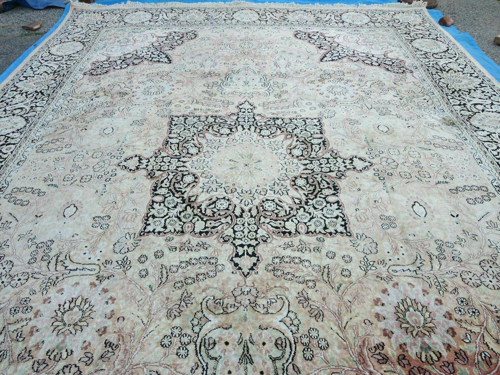 10x14 Large Silk Oriental Rug, Vintage Hand-Knotted Indian Kashmiri Silk Rug, Neutral Colors, High Quality, Great Condition, All Silk Carpet - Jewel Rugs
