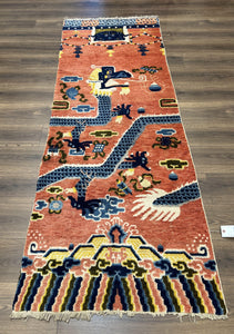 Rare Chinese Ningxia Pillar Rug 3x8, Late Qing Dynasty, 5 Clawed Dragon, Cloud Rainbow Border, Collectible Antique Carpet, Wool Hand Knotted - Jewel Rugs