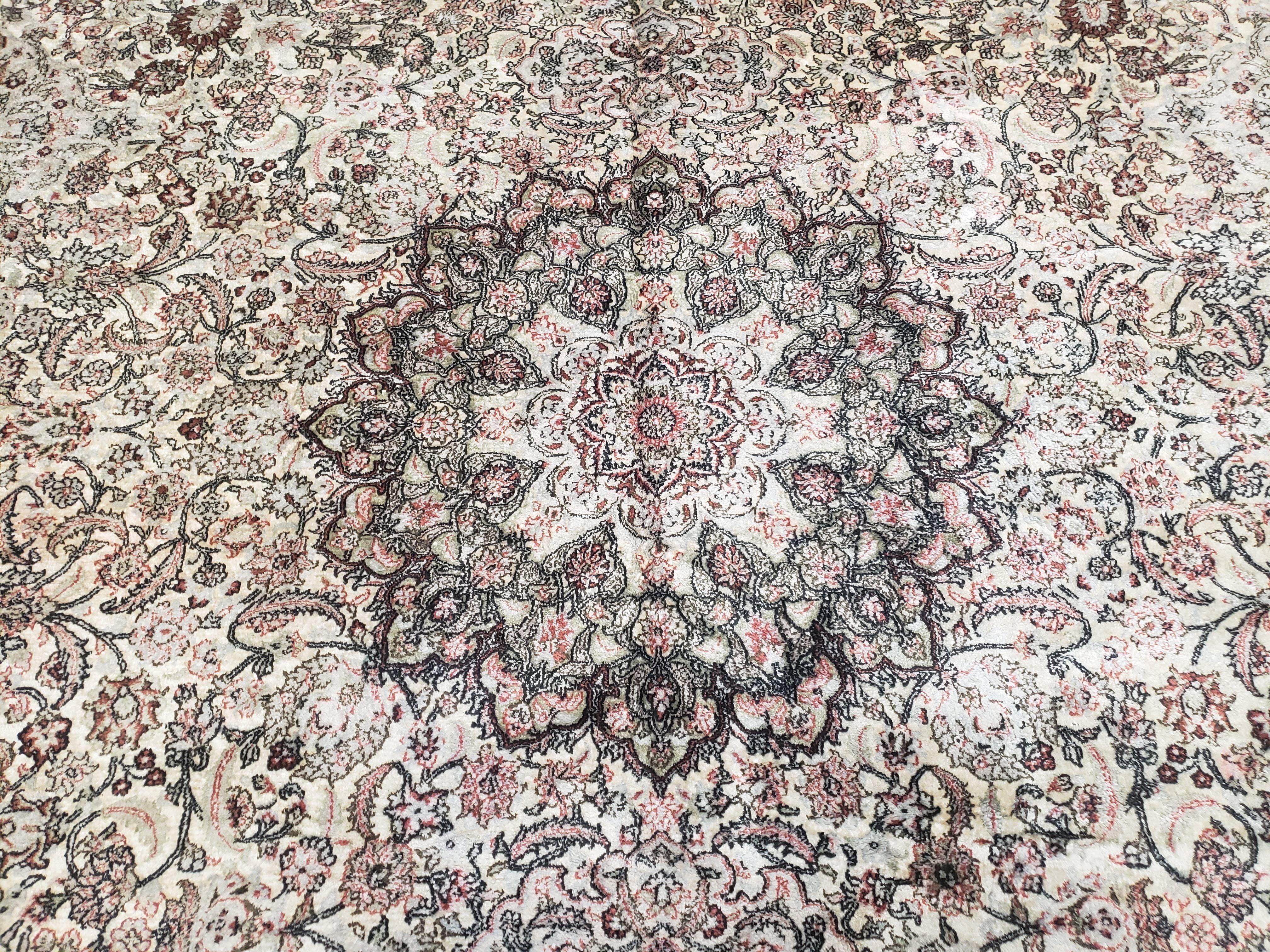 Vintage Indian Room Sized Silk Rug 8x10, Indo Kashmiri Carpet, Hand-Knotted Persian Oriental Carpet, Floral Medallion Allover Pattern, Ivory - Jewel Rugs