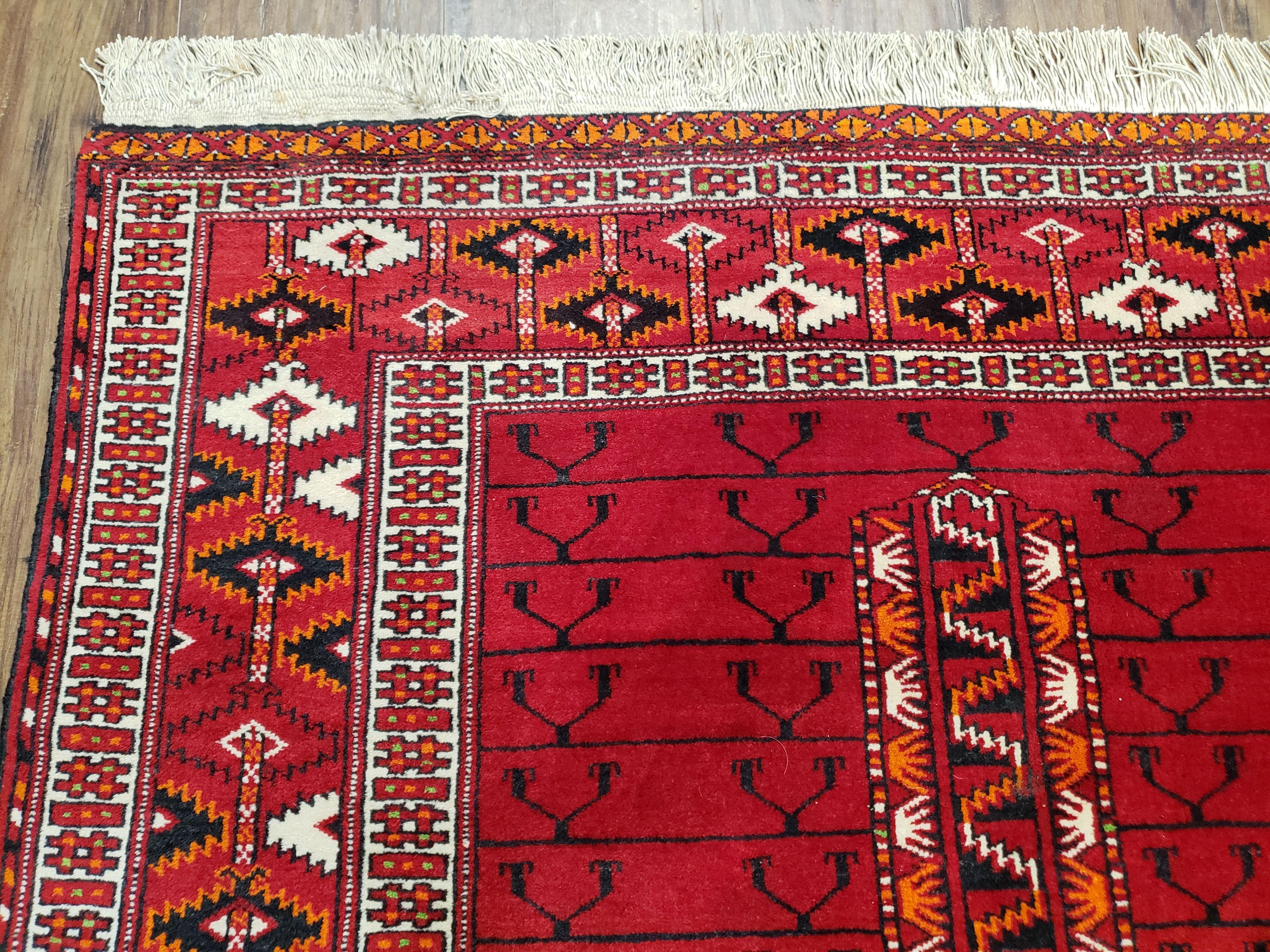 Antique Persian Turkoman Rug 4x5, Hatchli Tekkeh Ersari Red Tribal Rug, Handmade Wool Oriental Carpet, Four Seasons Rug - Jewel Rugs