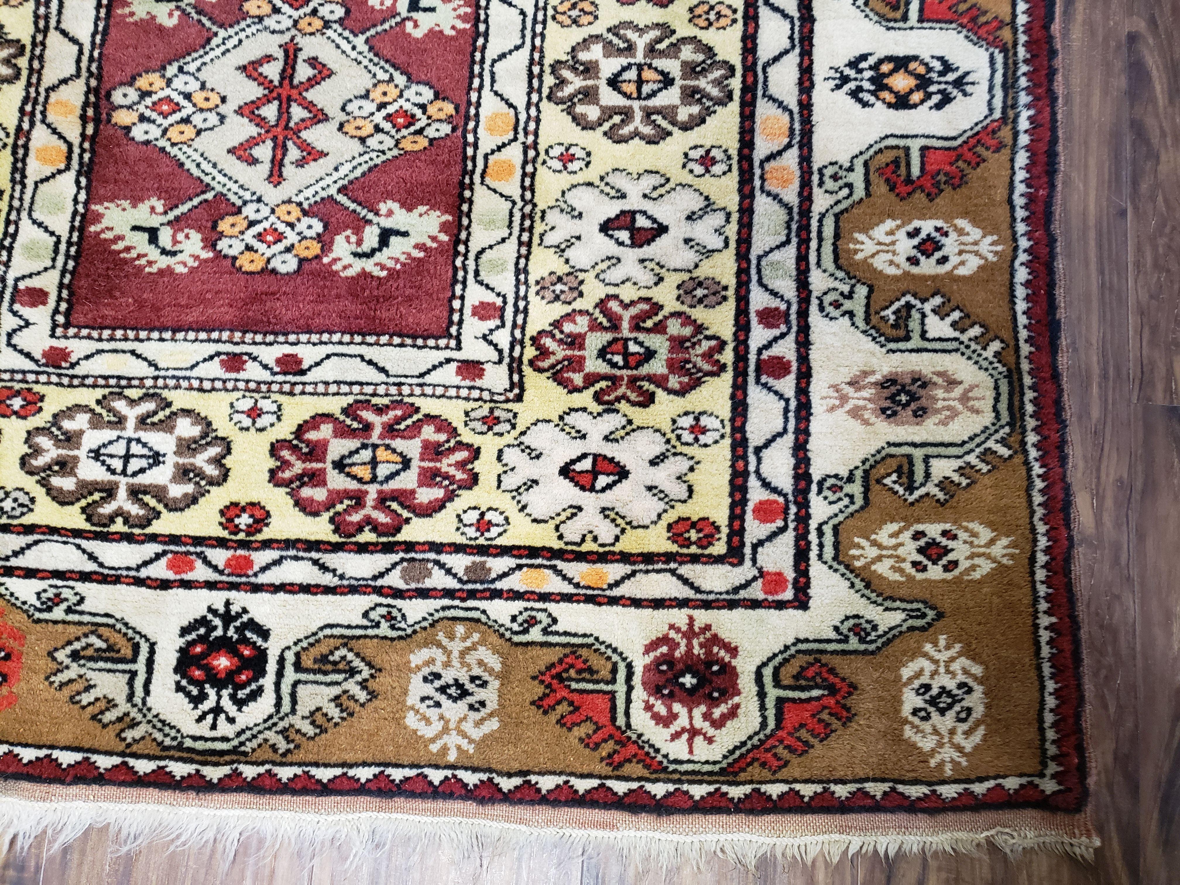 Turkish Caucasian Rug 4x7, Vintage Hand-Knotted Wool Turkish Talish Carpet 4 x 7, Cream, Burnt Orange Carmine Red Area Rug, Bohemian Rug - Jewel Rugs