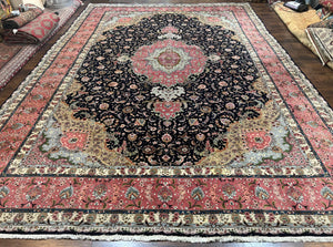 Magnificent Persian Tabriz Rug 11x16, Oversized Persian Carpet 11 x 16 ft, Wool on Silk Finely Hand Knotted, 450 KPSI, Floral Medallion, Black Pink