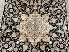 Indo Persian Rug 8x10, Elegant Floral Medallion Indian Oriental Carpet, Wool and Silk, Black and Beige, Hand Knotted Vintage Room Sized Rug - Jewel Rugs