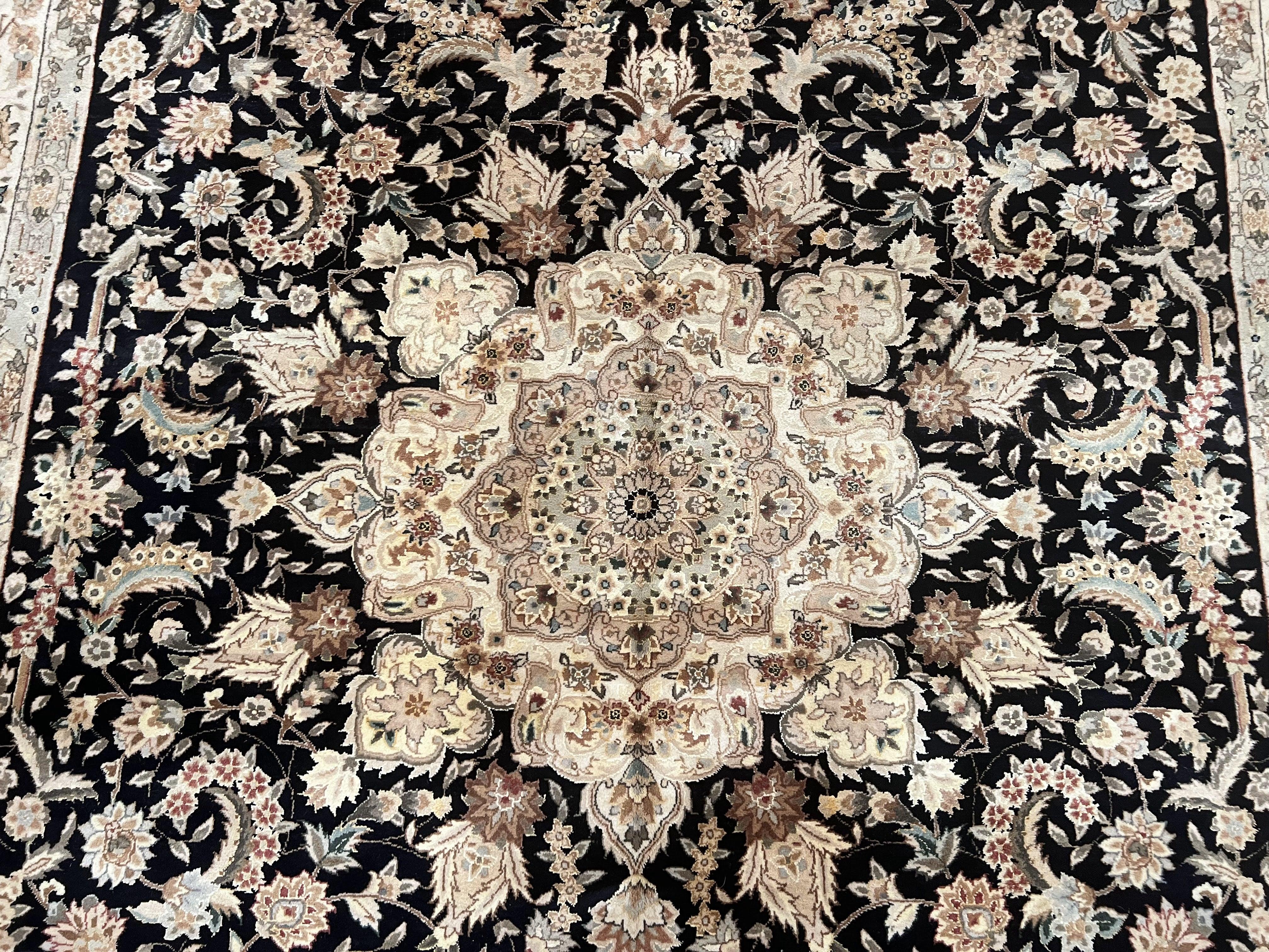 Indo Persian Rug 8x10, Elegant Floral Medallion Indian Oriental Carpet, Wool and Silk, Black and Beige, Hand Knotted Vintage Room Sized Rug - Jewel Rugs