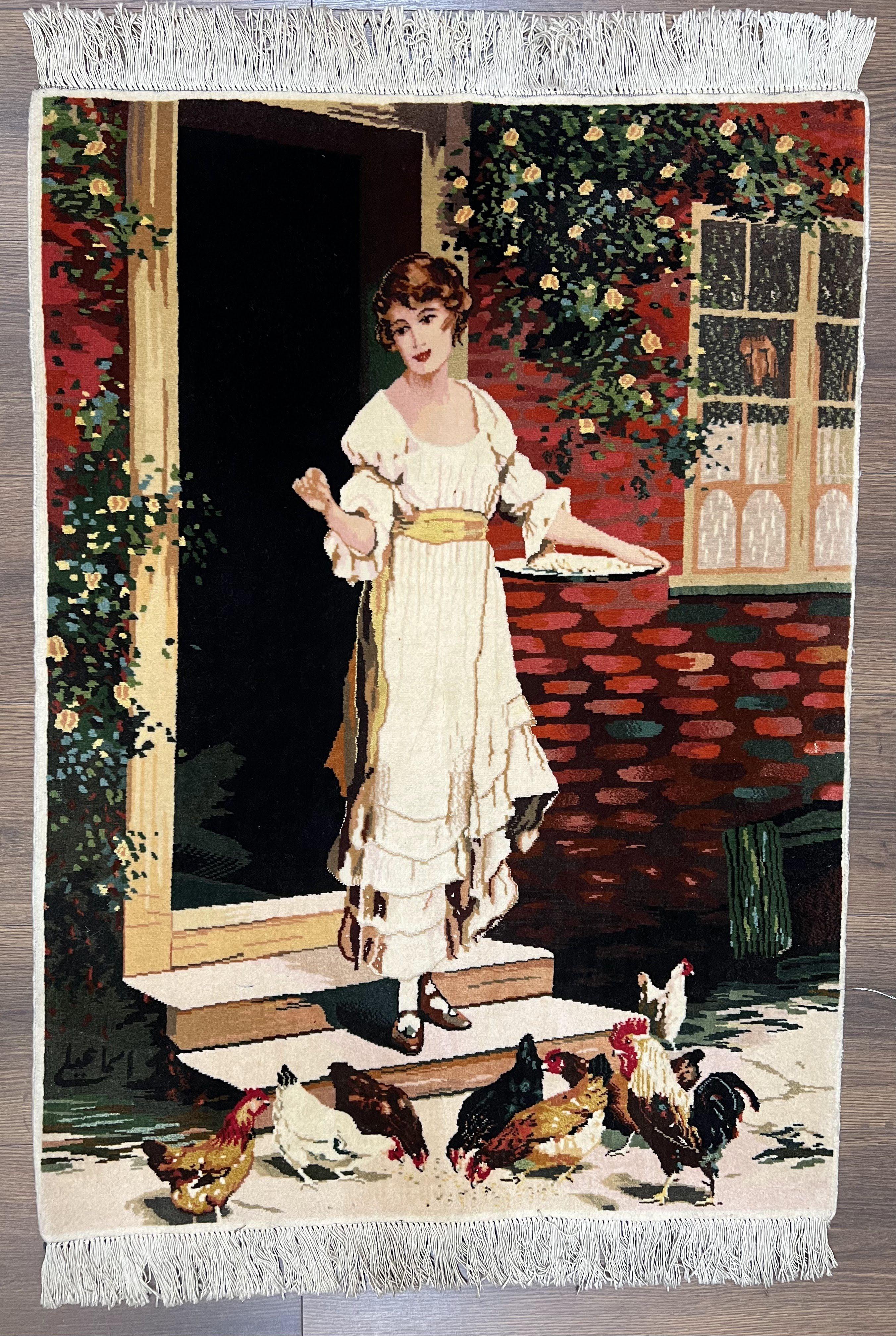 Persian Tabriz Pictorial Rug 2x3, Fine High KPSI Pictorial Carpet, Lady in Front of Home with Chickens 2 x 3 ft Oriental Rug Vintage Handmade Wool - Jewel Rugs