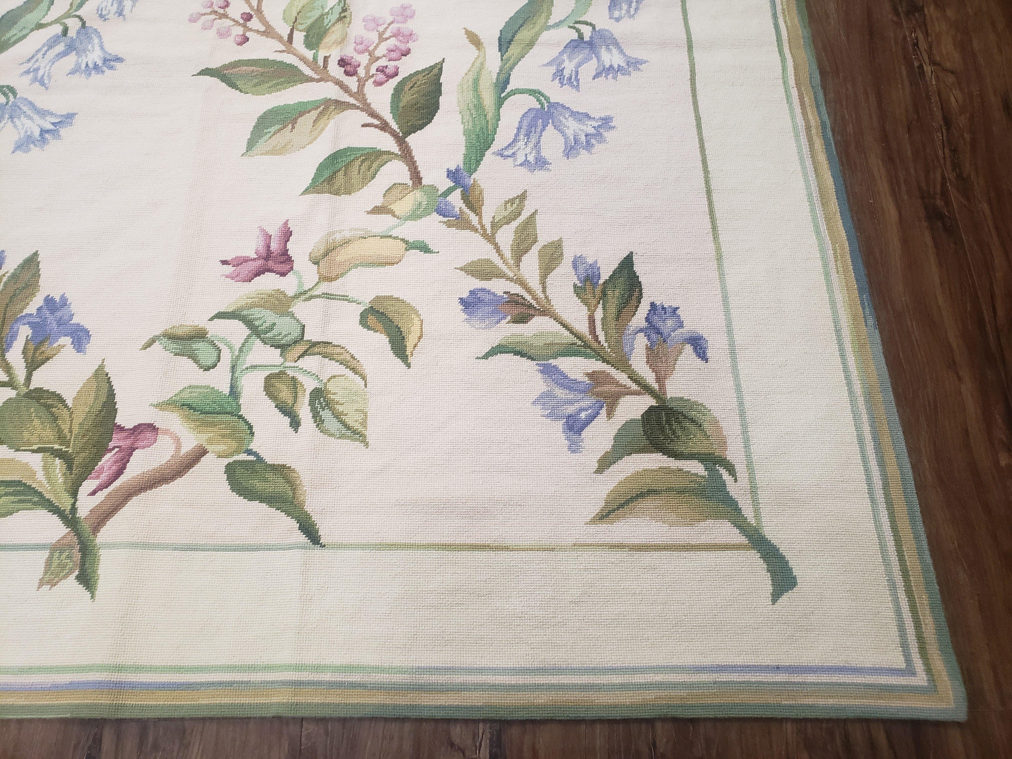 Vintage Chinese Needlepoint Area Rug 8x10, Flatweave Aubusson Carpet 8 x 10, Wool Hand-Knotted Ivory & Green Leaves Floral Aubusson Rug - Jewel Rugs