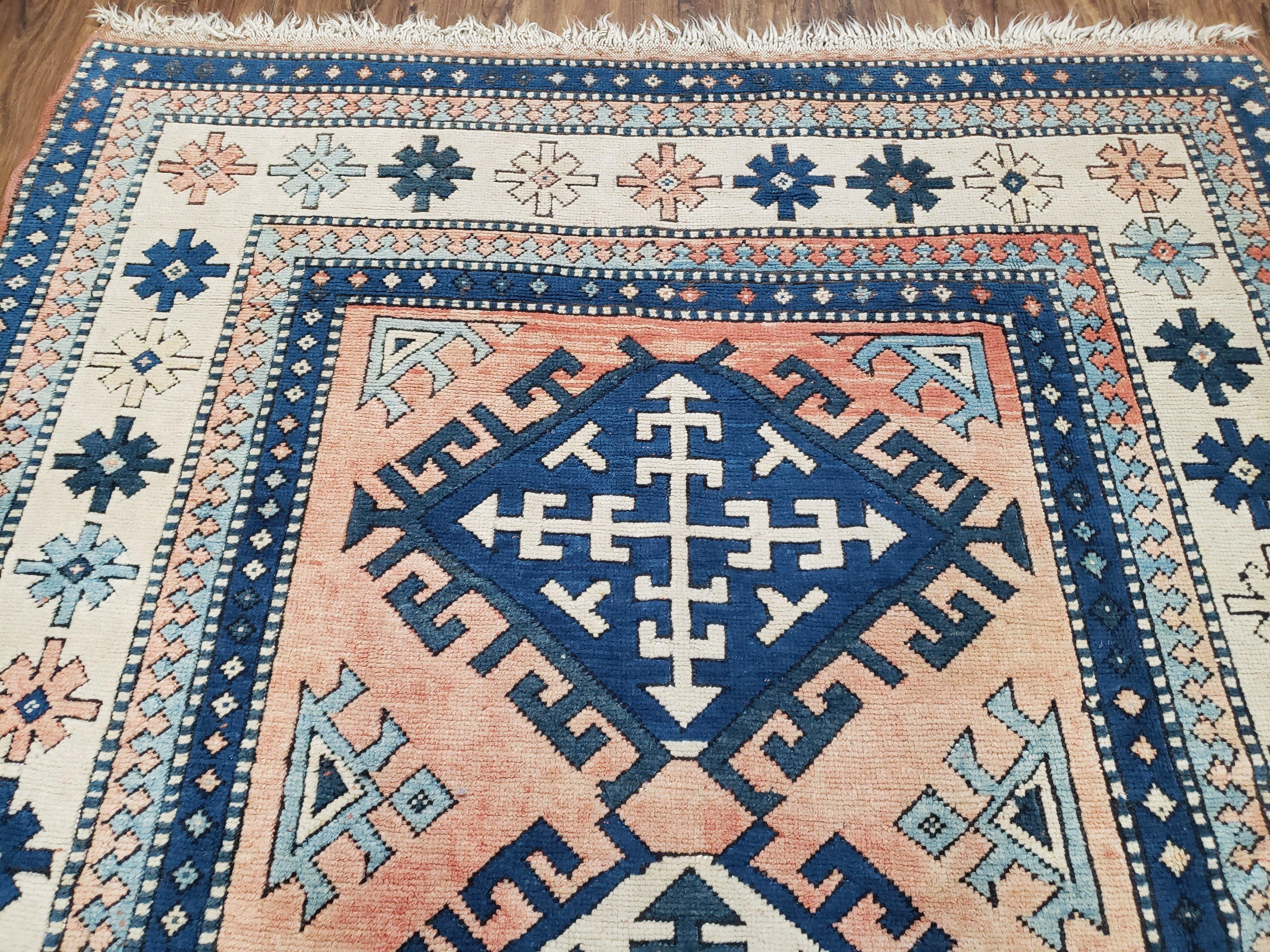 Turkish Kazak Rug 5x8 ft, Bold Geometric Bohemian Carpet, Blue and Ivory Hand Knotted Area Rug, Medium Sized High Quality Wool Oriental Rug - Jewel Rugs