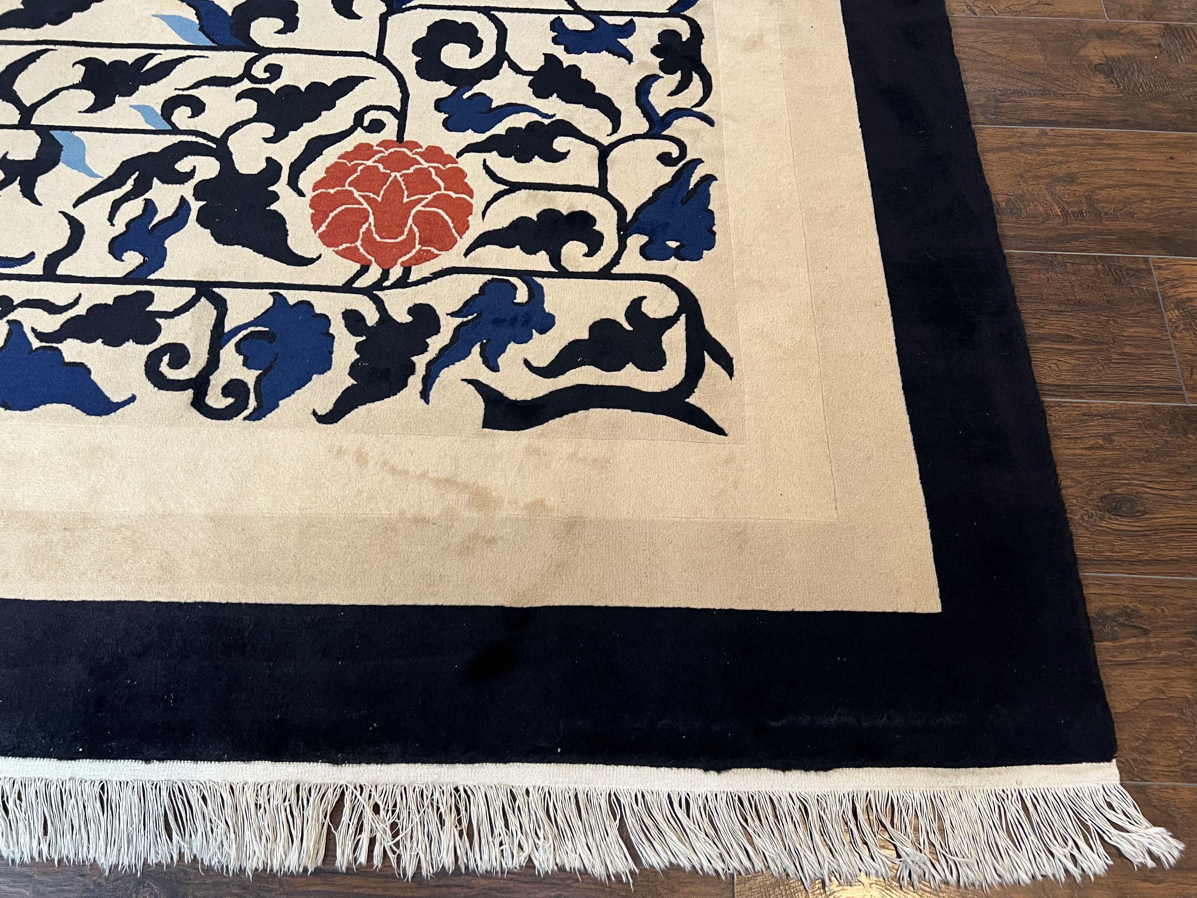 Antique Chinese Peking Rug 10x14, Beige Black, Handmade Wool Art Deco Carpet - Jewel Rugs