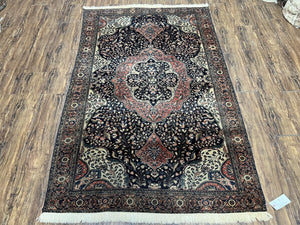 Antique Persian Sarouk Farahan Rug 4.4 x 6.7, Collectible Persian Carpet, Very Fine 1880s Late 19th Century Rug, Floral Medallion, Black Red Oriental Rug - Jewel Rugs