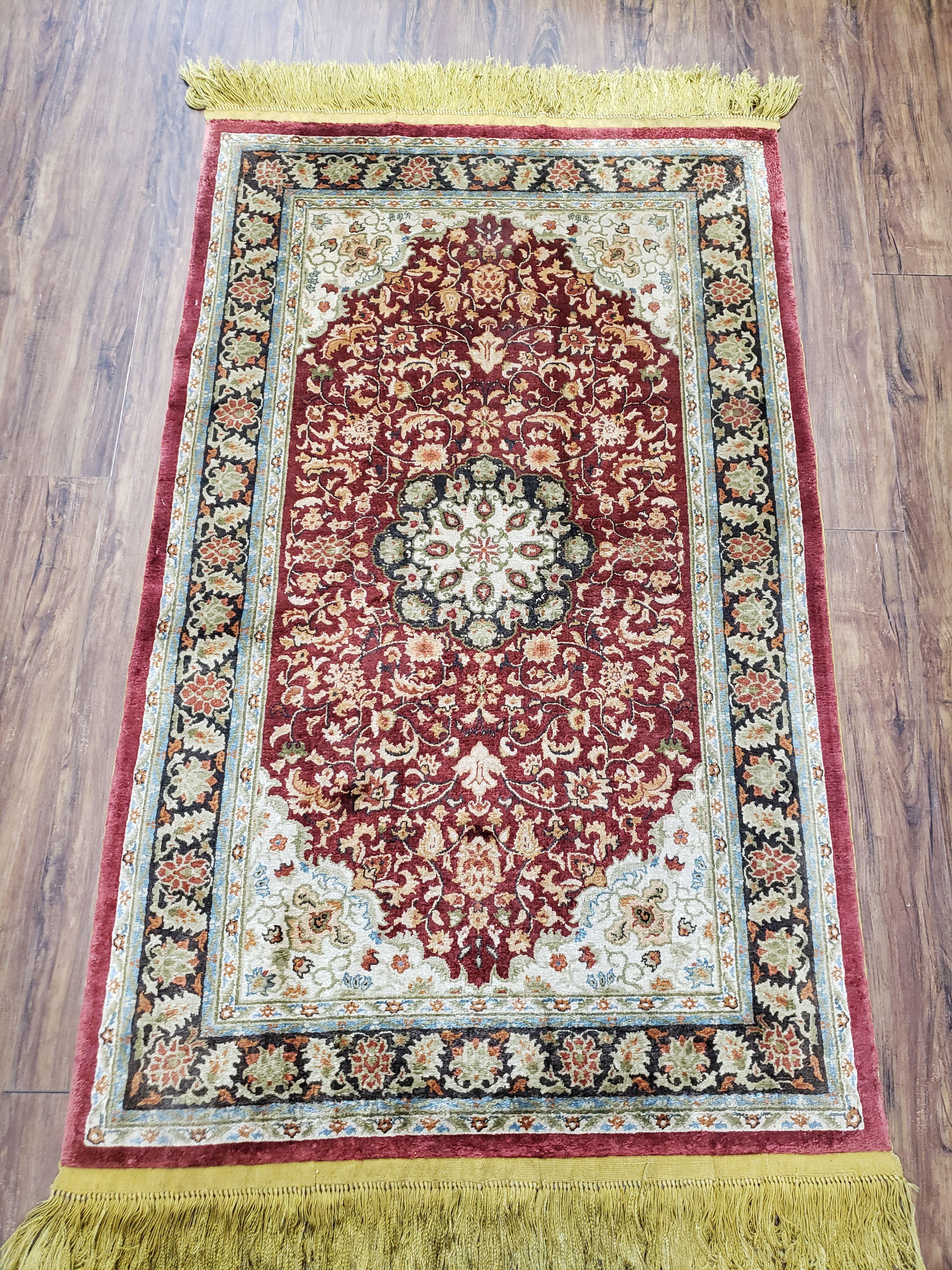 3x5 Silk Hand-Knotted Rug, Silk Oriental Carpet 5 x 3, Red & Ivory, Floral Medallion, Gold Fringes, Semi Antique Vintage Traditional Rug - Jewel Rugs