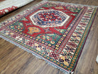 Vintage Turkish Kazak Area Rug, 6ft Square Rug, 6x6 Square Oriental Carpet, Hand-Knotted, Wool, Bold Colors, Red Blue Green, Geometric Rug - Jewel Rugs