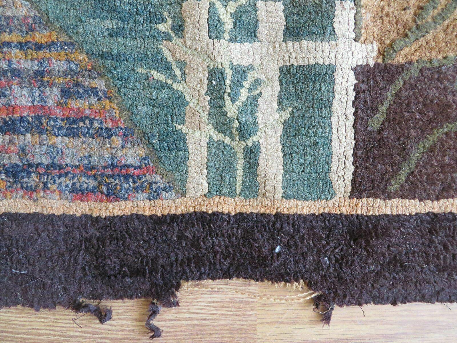 28" X 37" Antique Hooked Rug Wool Primitive Original House Trees - Jewel Rugs