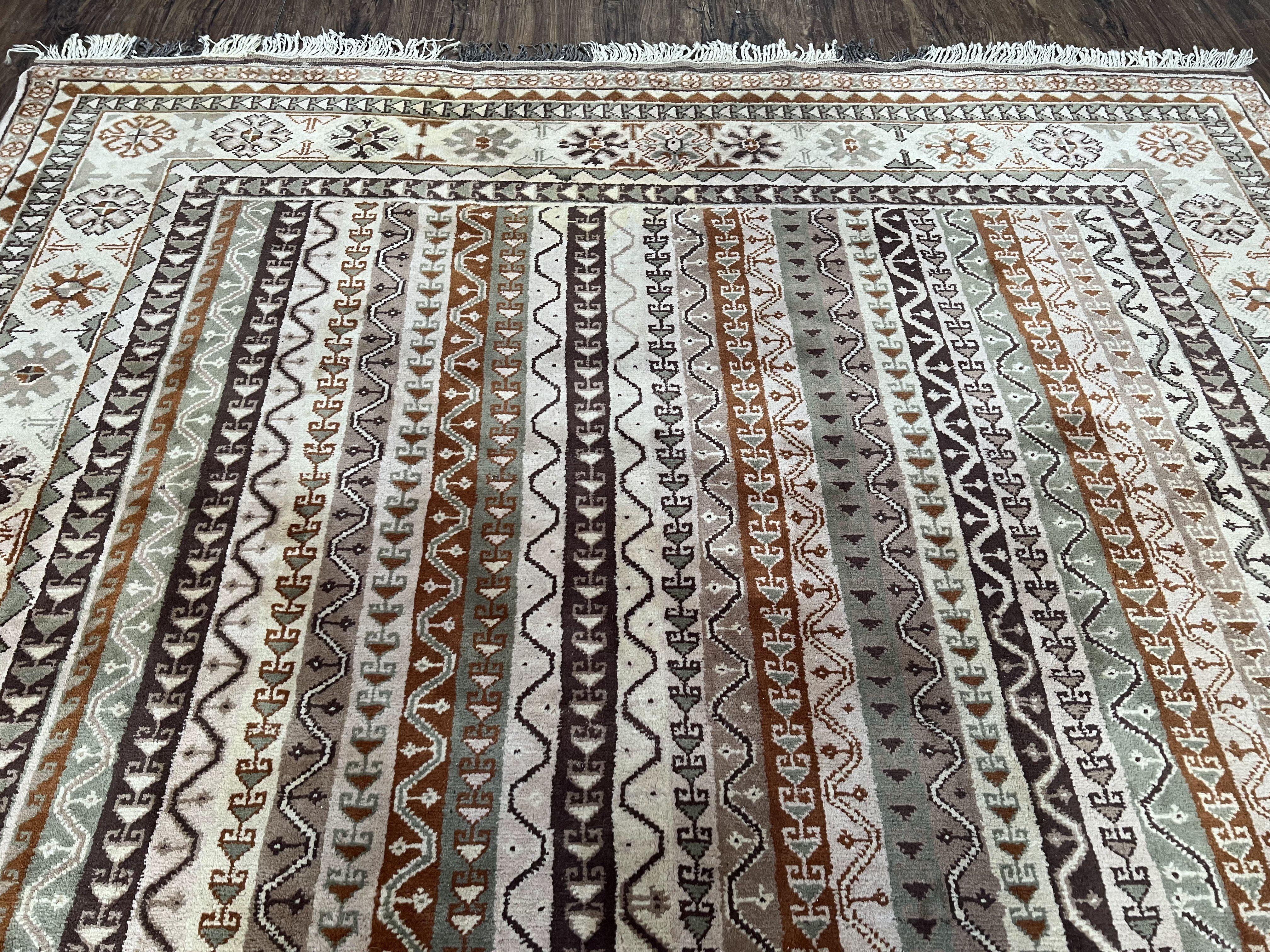 Striped Turkish Anatolian Rug 6x7 Almost Square Shaped Carpet Handmade Vintage Oriental Rug, Living Room Rug, Neutral Colors Cream, Wool Rug - Jewel Rugs