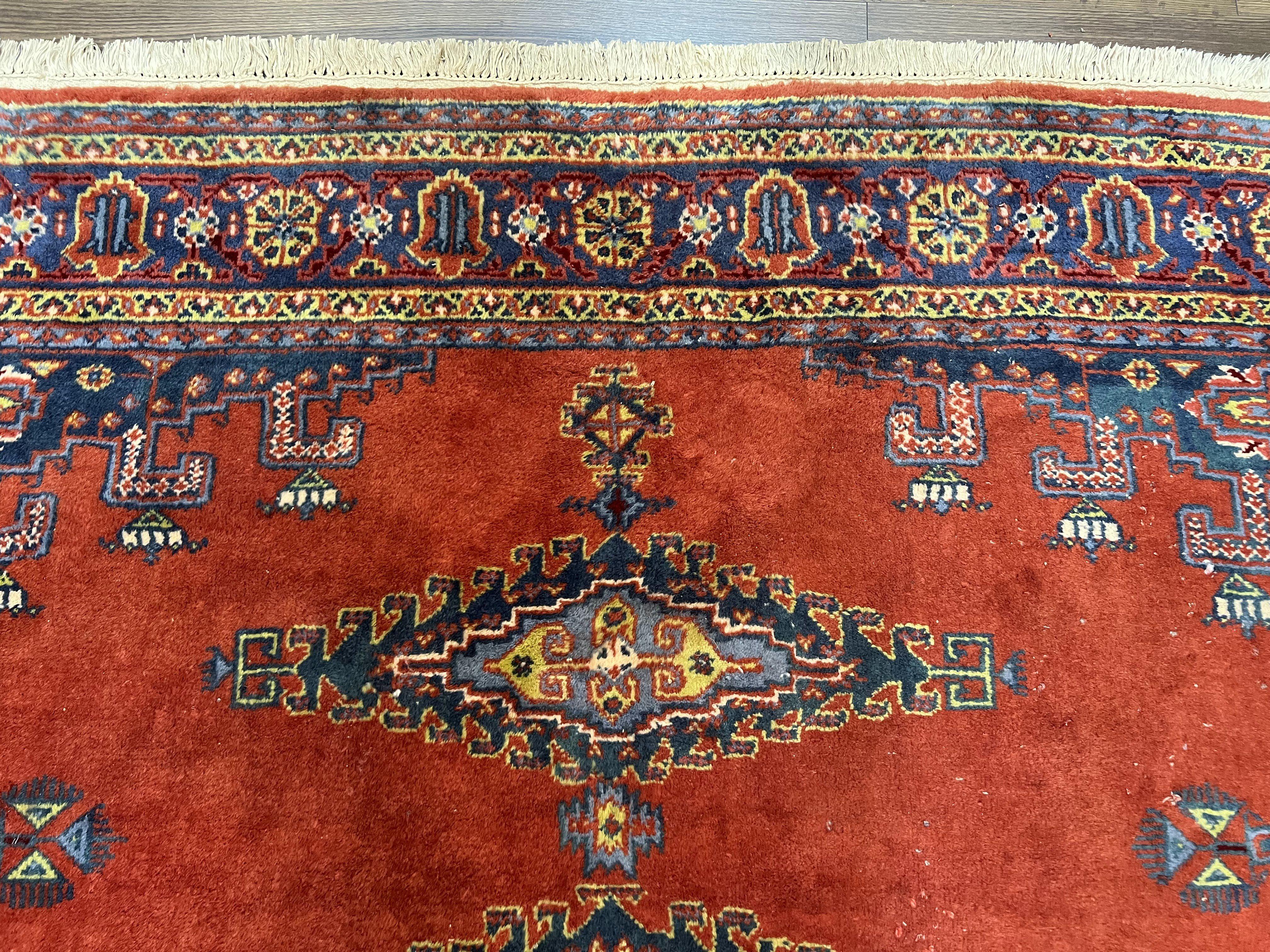 Square Persian Rug 7.7 x 7.3, Red and Blue Persian Wiss/Viss Hand Knotted Carpet, Antique Wool Oriental Tribal Rug, Boho Rug, Geometric Medallions - Jewel Rugs