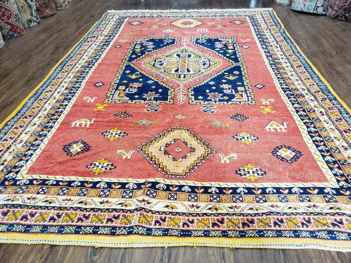 Vintage Moroccan Rug 6.6 x 9.8 ft, Tribal Bohemian Wool Hand-Knotted Carpet, 1950s Moroccan Rug, Salmon Red and Navy Blue, Room Sized Rug - Jewel Rugs