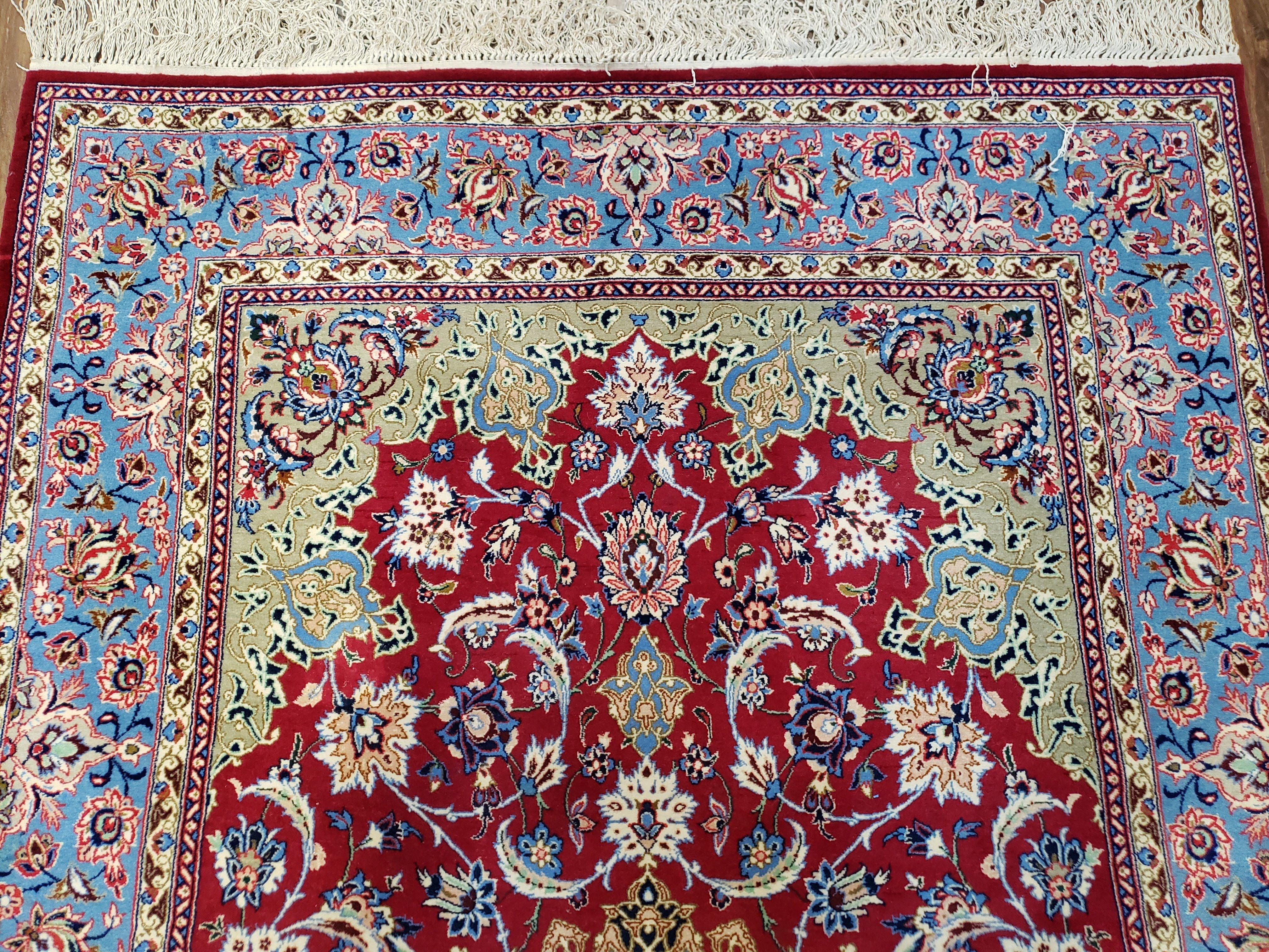 Semi Antique Persian Isfahan Rug, Kork Wool on Silk Foundation, Red & Blue, Top Quality, 3'6" x 5' 6" - Jewel Rugs