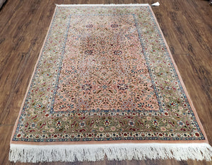 Turkish Hereke Rug 4x6, Wool on Cotton Turkish Hereke Carpet 4 x 6 ft, Handmade Hand Knotted Fine Oriental Rug, Light Coral Red and Green - Jewel Rugs