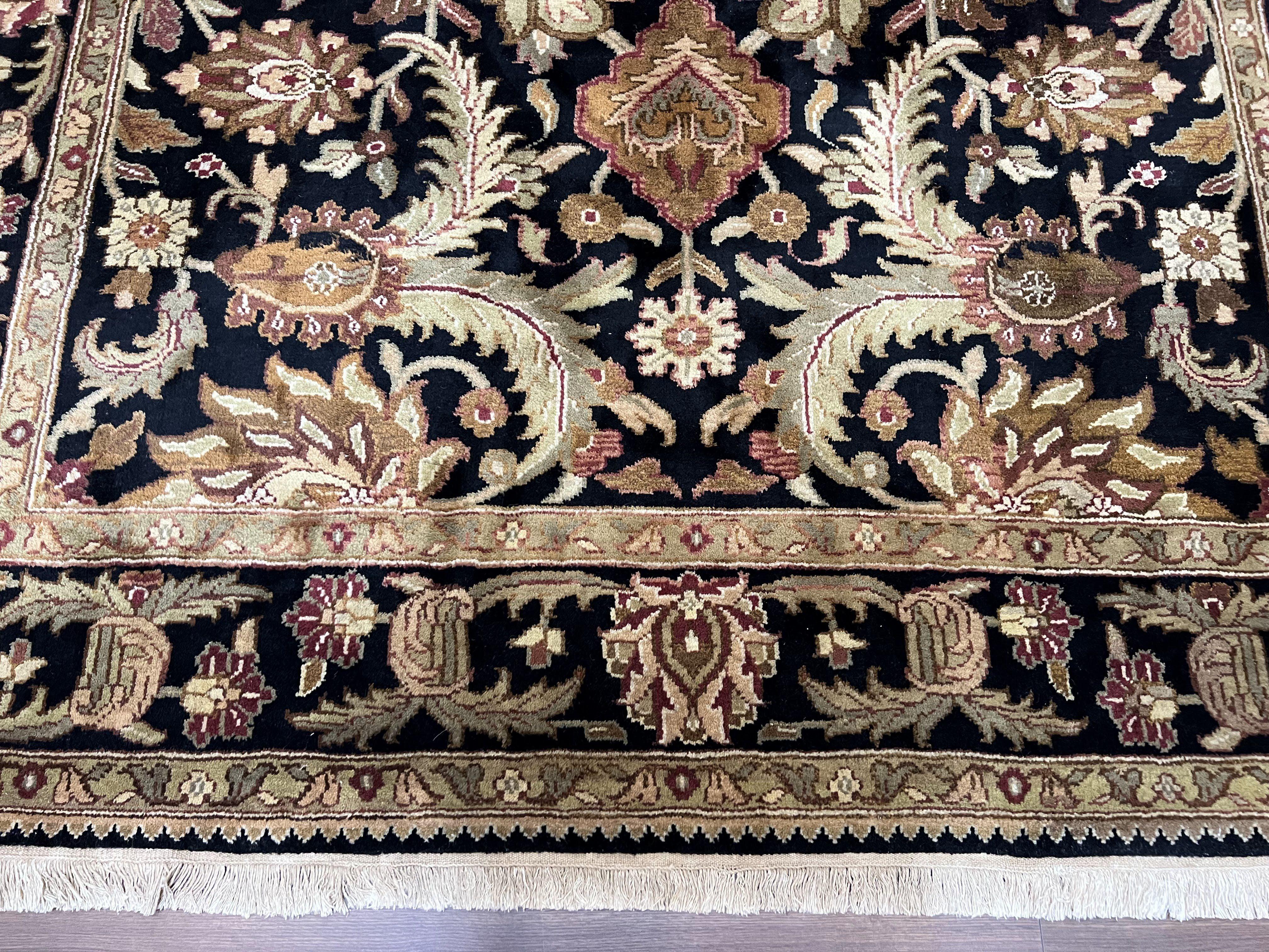 Indo Mahal Sultanabad Rug 8x11, Vintage Indian Oriental Carpet, Wool Handmade Floral Rug 8 x 11 ft, Black Beige Tan, Large Flowers Allover - Jewel Rugs