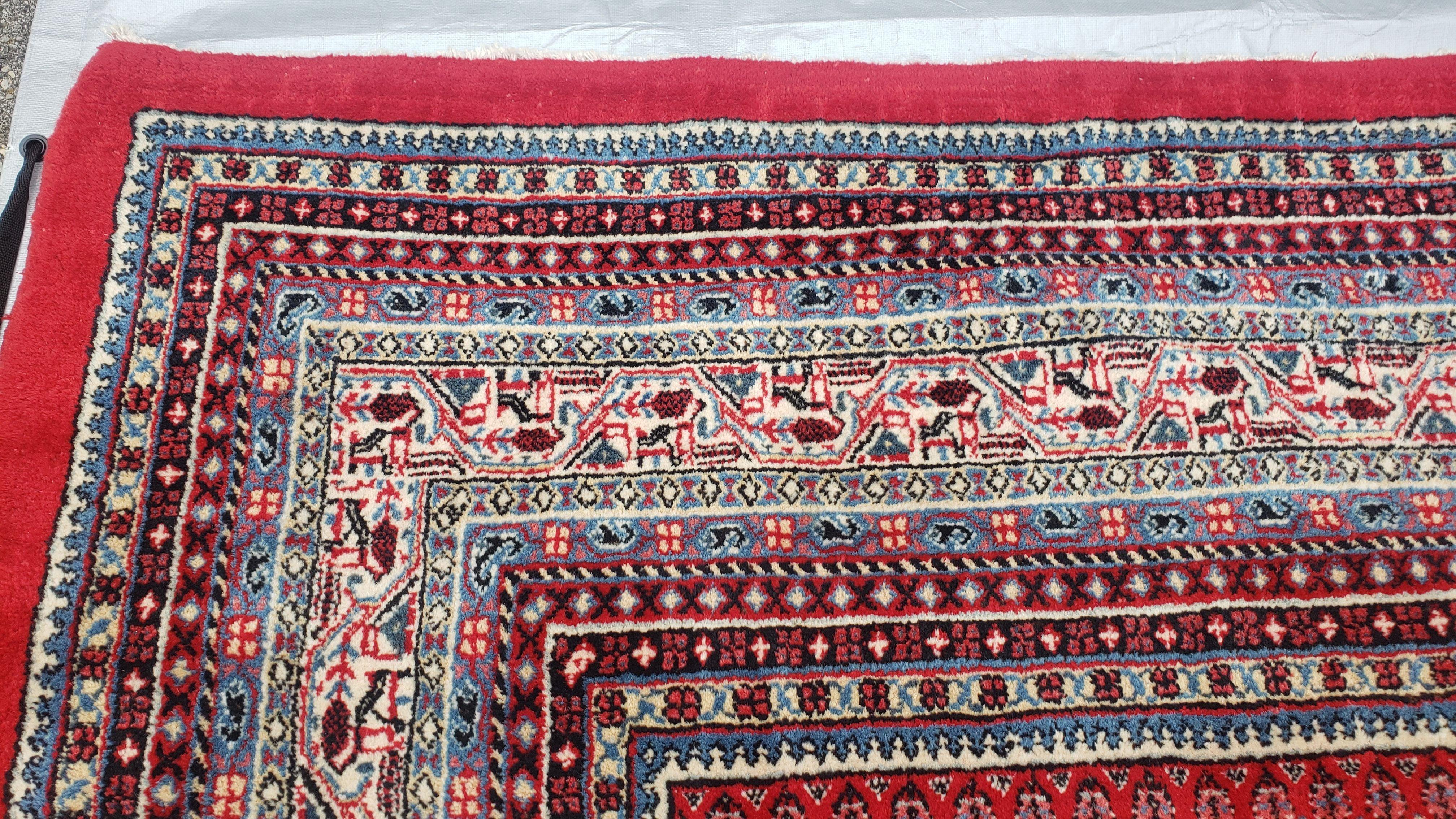 Persian Sarouk Mir Pattern, Red and Beige, Hand-Knotted, Wool, Paisley Boteh Design, 9'9" x 13', Semi Antique - Jewel Rugs