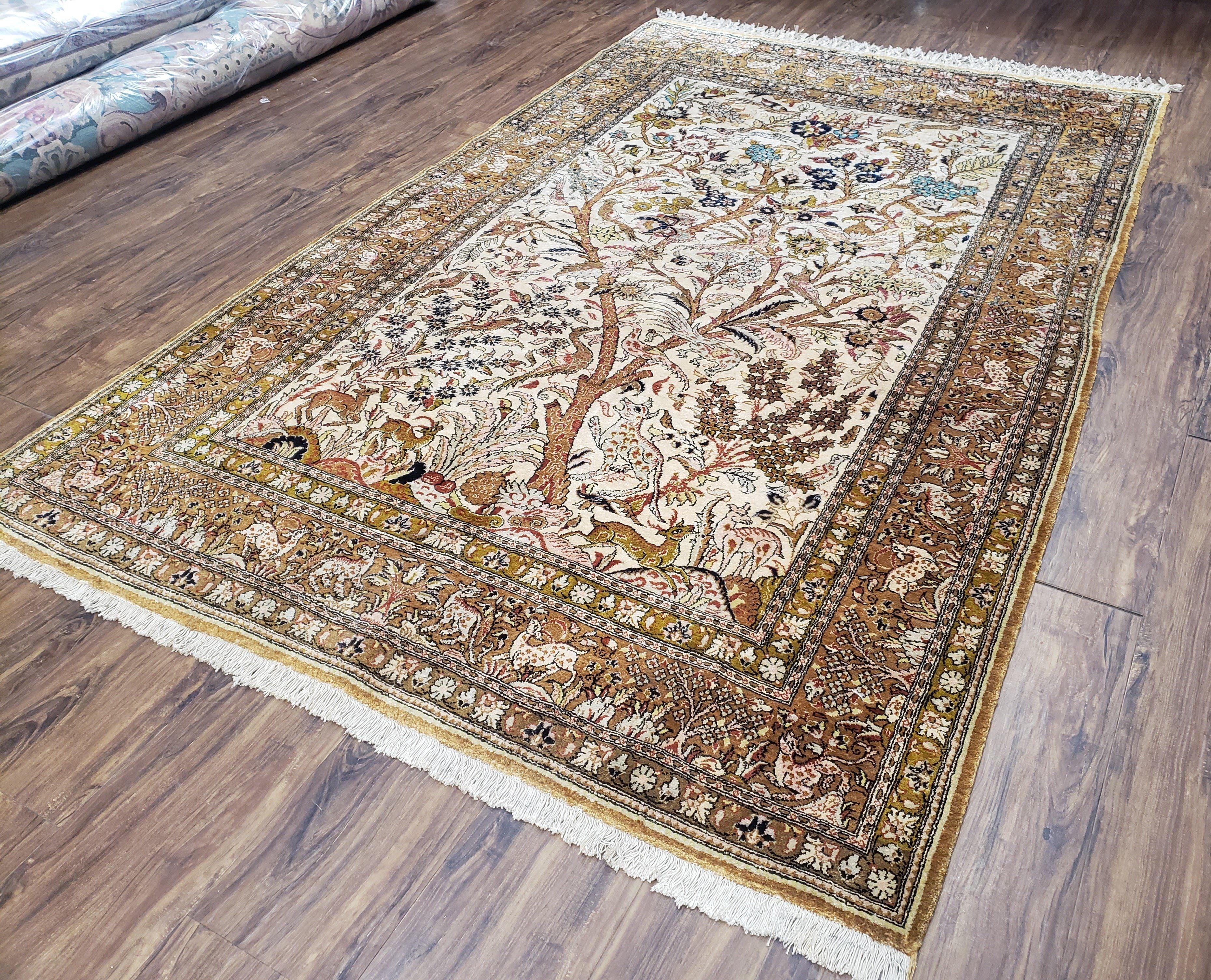 Stunning Semi Antique Silk Persian Qum Tree of Life Rug, Animal Motifs, Hand-Knotted, Cream and Gold, 4'8" x 7' 2" - Jewel Rugs