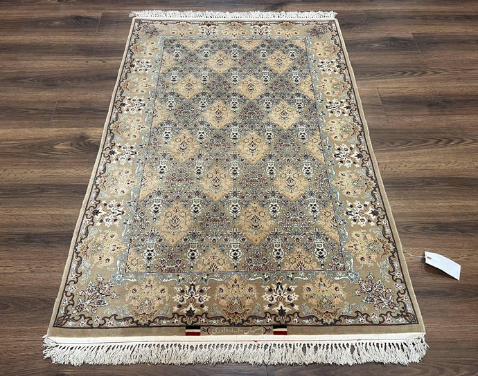 Super Fine Persian Isfahan Rug 3x5 ft, Kork Wool on Silk Foundation, Repeated Floral Motif, Taupe Tan Hand Knotted Oriental Carpet 3 x 5 ft, Signed - Jewel Rugs