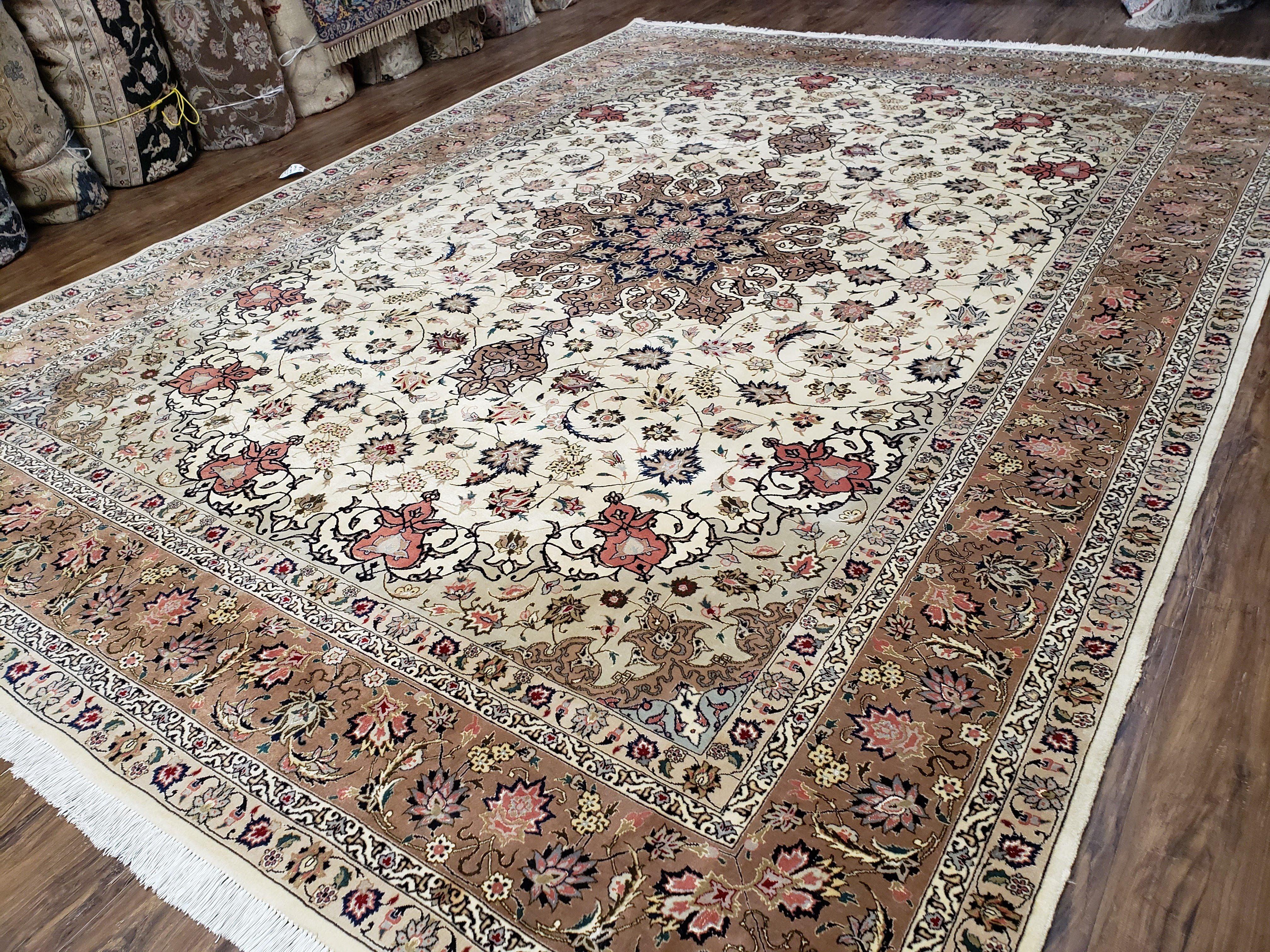 Vintage Persian Tabriz Rug, Ivory & Rose Red, Hand-Knotted, Wool and Silk Highlights, 8'2" x 11'2" - Jewel Rugs