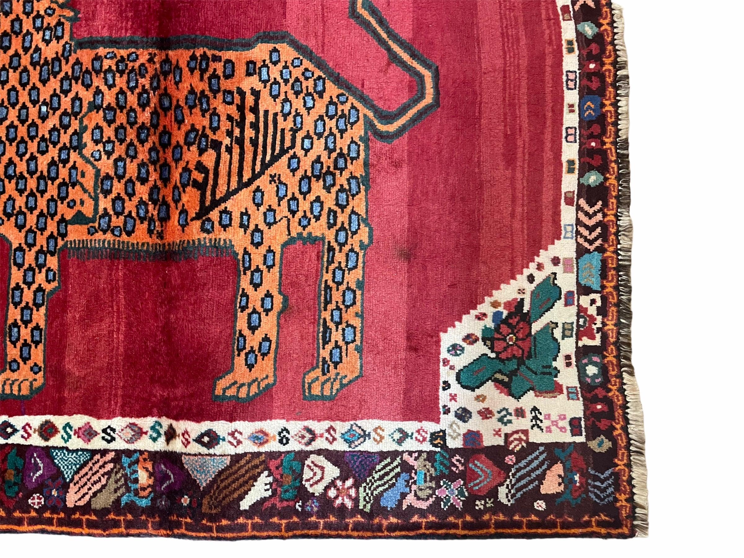 Antique Persian Gabbeh Wool Rug 4x5, Lion Pictorial Rug, Red Orange Black, Hand Knotted Handmade Vintage Gabbeh Carpet 4 x 5 ft, Tribal Rug - Jewel Rugs