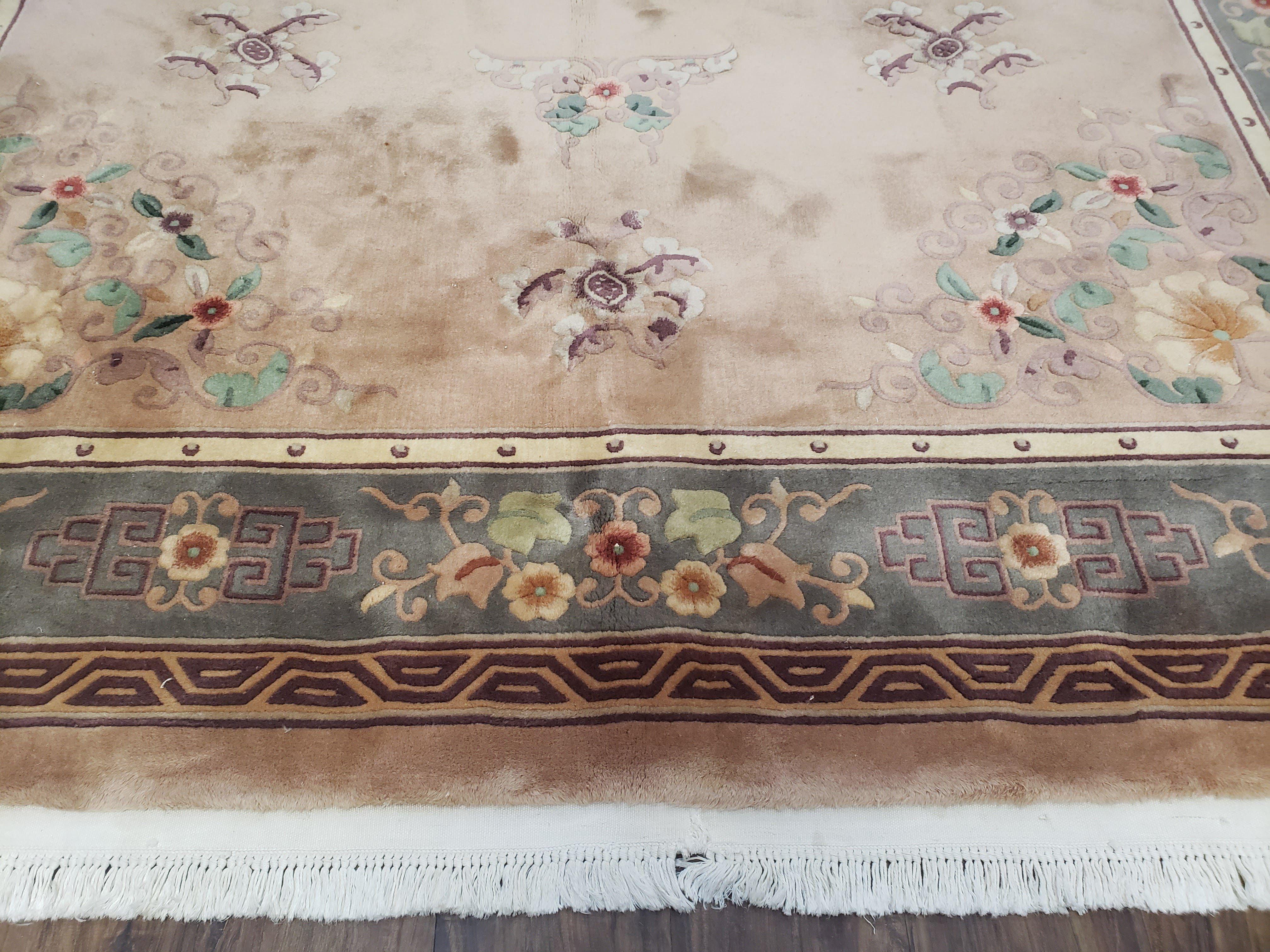 90 Line Chinese Rug 8x10, Chinese Art Deco Rug, Vintage Plush Area Rug, Butterflies Flowers, Beige and Gray Carpet, Bedroom Living Room Rug - Jewel Rugs