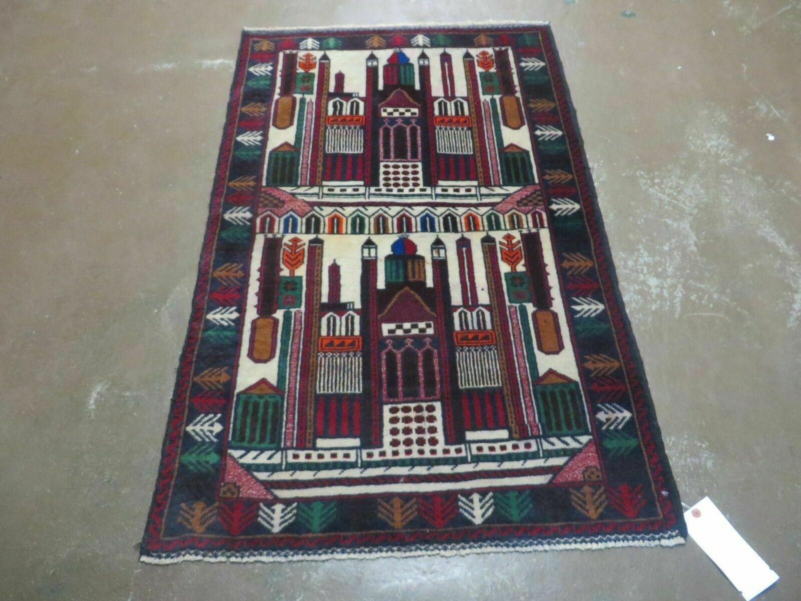 3' X 4' Vintage Hand Made Afghan Balouch Tribal Wool Pictorial Rug # 055 - Jewel Rugs