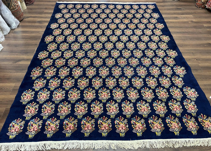 Persian Rug 9x12, Authentic Hand Knotted Carpet, Repeated Floral Motif Garden of Eden, Navy Blue Wool Rug 9 x 12, Semi Antique Kirman Rug - Jewel Rugs