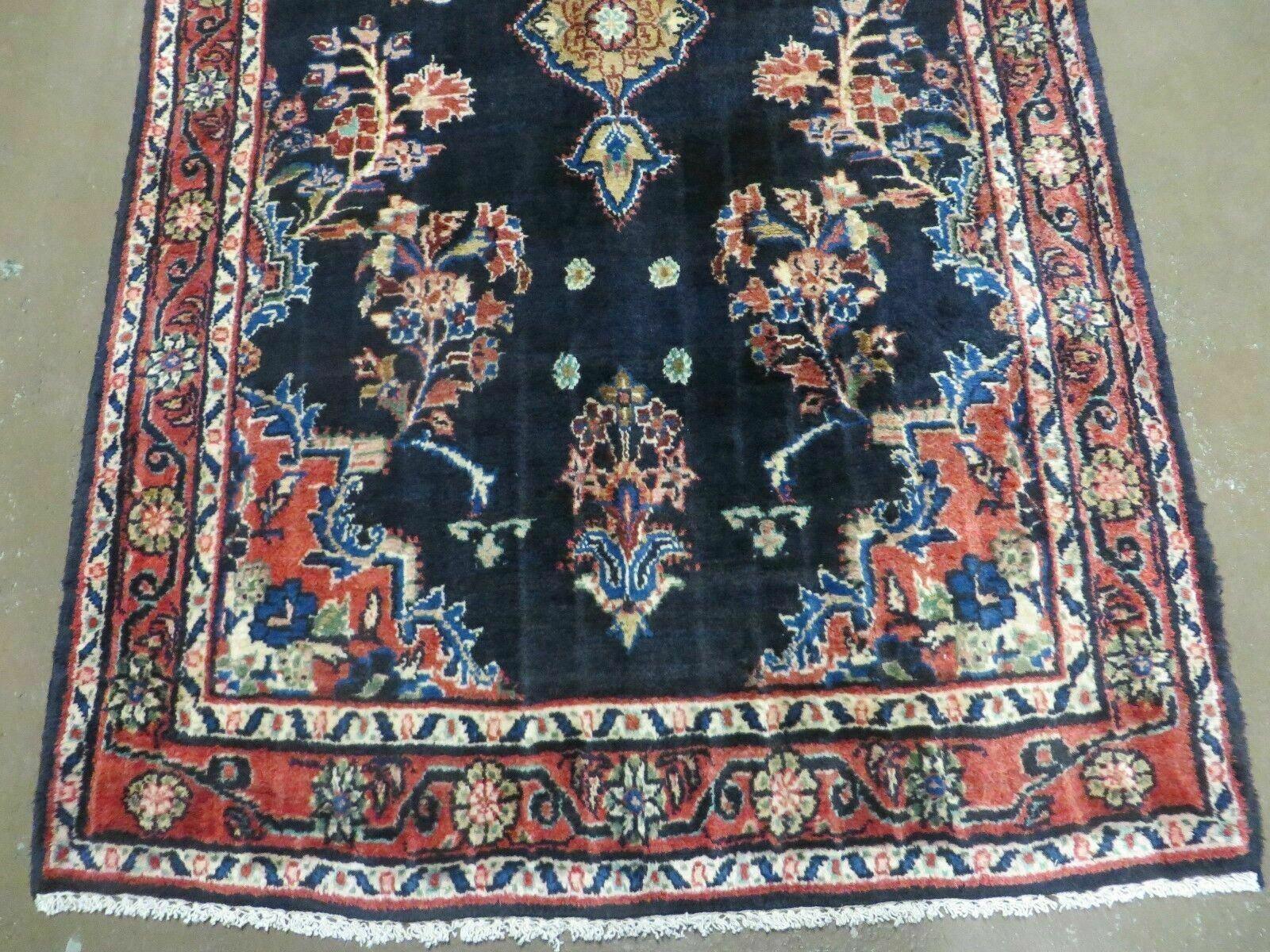 Persian Runner Rug 3.7 x 10.9, Antique Persian Lilihan Lilian Sarouk Wool Handmade Oriental Tribal Hallway Runner, Navy Blue Red Cream, Floral Semi Open Field Medallion - Jewel Rugs