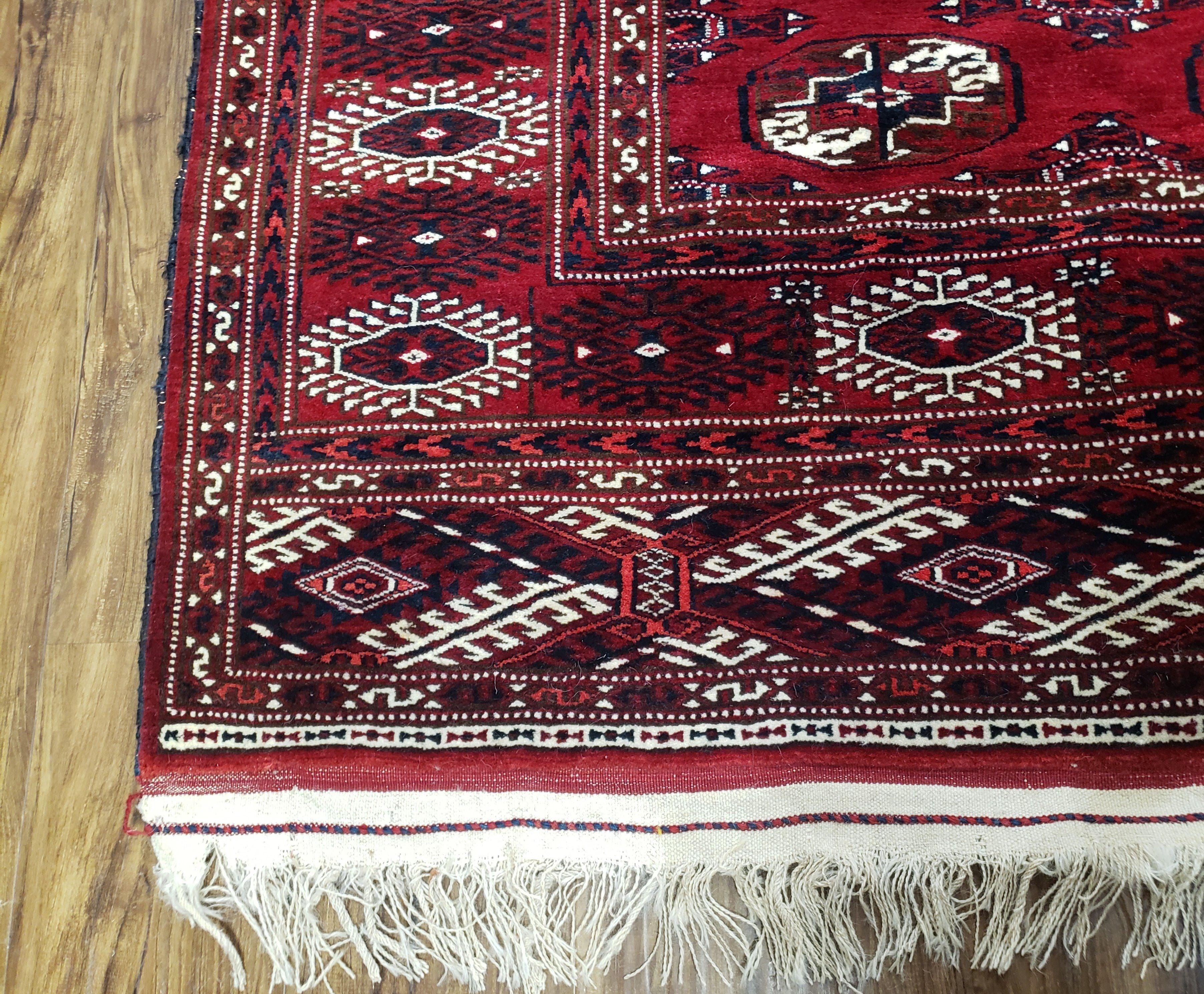 Persian Turkoman Rug 8 x 12.5, Bokhara Turkoman Carpet, Fine Oriental Rug, Vintage Wool Handmade Area Rug, Red Black Cream, Room Sized - Jewel Rugs