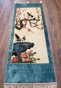 Vintage Chinese Silk Wall Hanging 2x5, Silk Hand-Knotted Cream & Teal Wall Art, Birds Tapestry Rug, Asian Oriental Tapestry Carpet, Pair B - Jewel Rugs