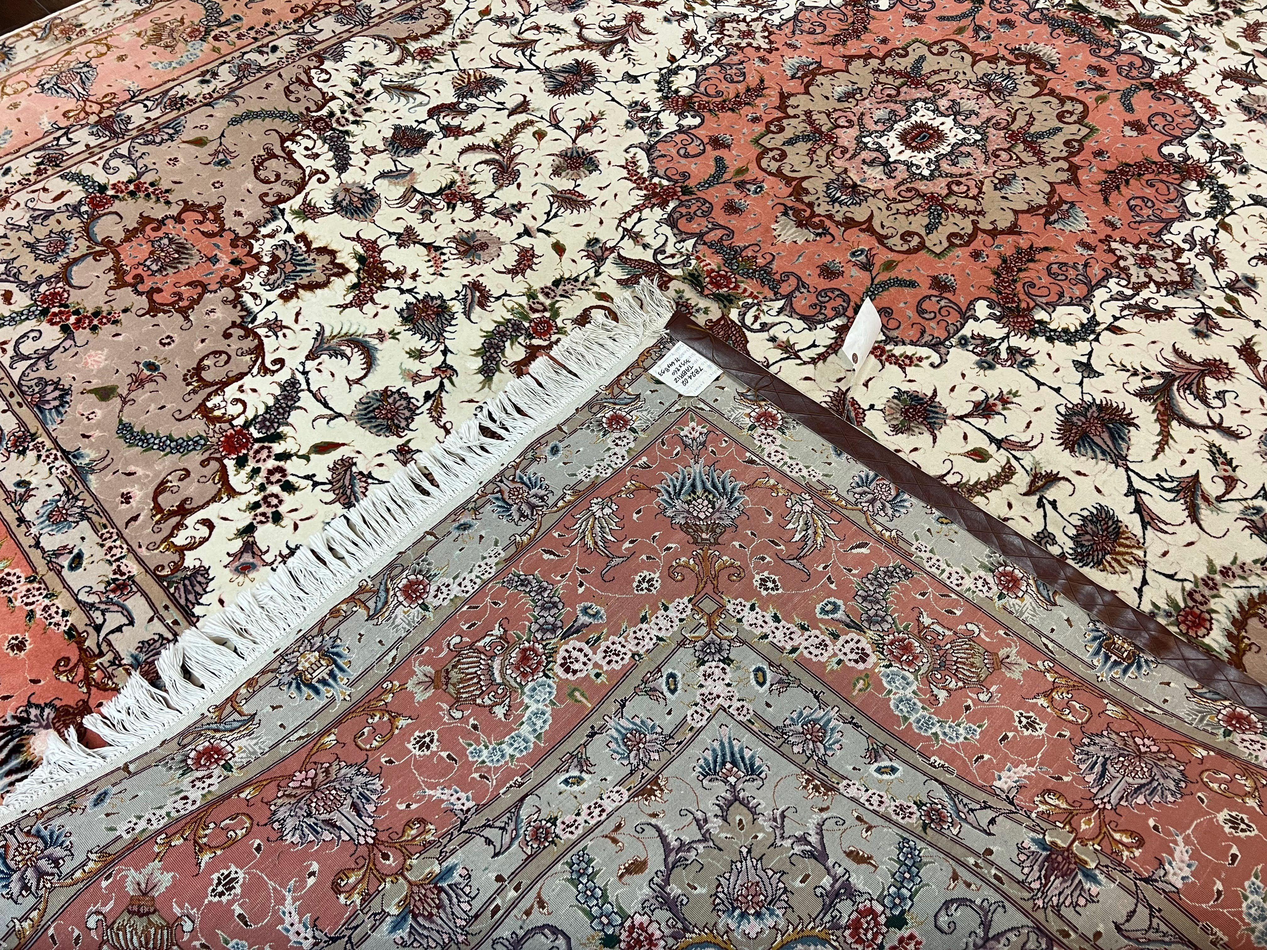 Wonderful Persian Tabriz Rug 9x12, Floral Medallion, Ivory and Salmon Red, Hand Knotted, Wool with Silk Accents, Very Fine Vintage Oriental Carpet - Jewel Rugs