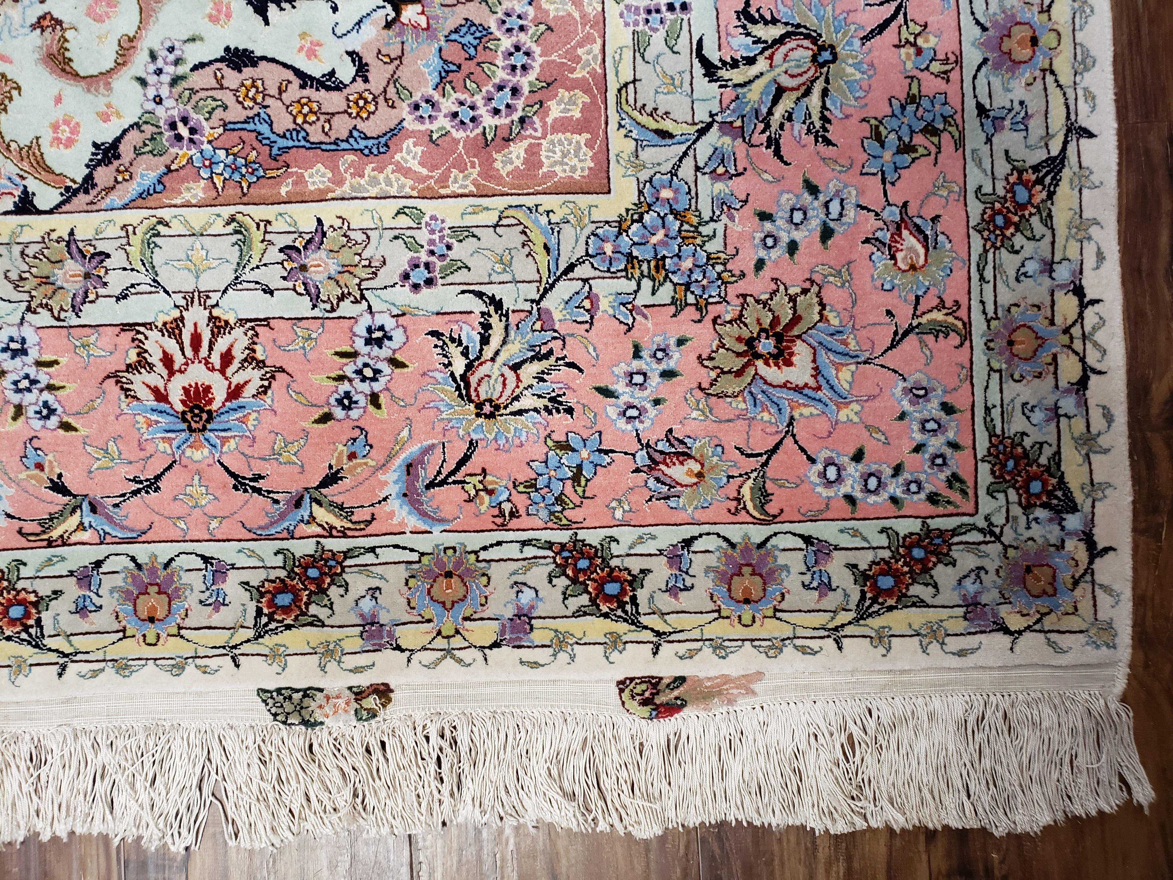 Incredible Persian Tabriz Rug 7x10, Super Fine Persian Carpet, 300+ KPSI, Ivory and Pink, Light Colors, Wool and Silk, Vintage, Top Quality, Signed - Jewel Rugs