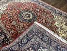 Fine Sino Persian Rug 7x10 ft, Floral Central Medallion Oriental Carpet, Red Navy Blue Cream, Hand Knotted Wool Traditional Vintage Rug - Jewel Rugs