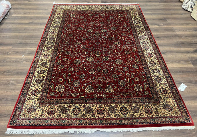 Vintage Indo Persian Rug 6x9, Very Finely Hand-Knotted Carpet 6 x 9 Red Cream Indian Oriental Carpet, Traditional Floral Wool Area Rug 1970s - Jewel Rugs