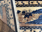 Antique Chinese Pictorial Rug 2.7 x 5, Chinese Village and Hills Carpet, Beige and Dark Blue, Handmade, Horizontal Rug Wall Hanging Tapestry - Jewel Rugs