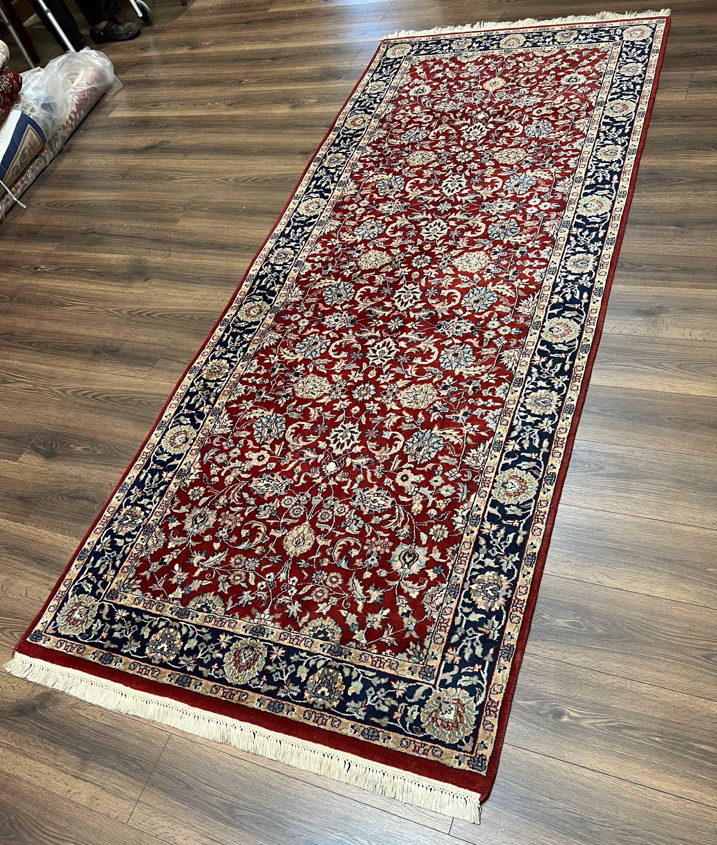 Vintage Indo Persian Runner Rug 4x10, Wool Hand-Knotted Oriental Carpet, Red Dark Blue Indian Rug, Allover Floral, Hallway Rug, Traditional - Jewel Rugs