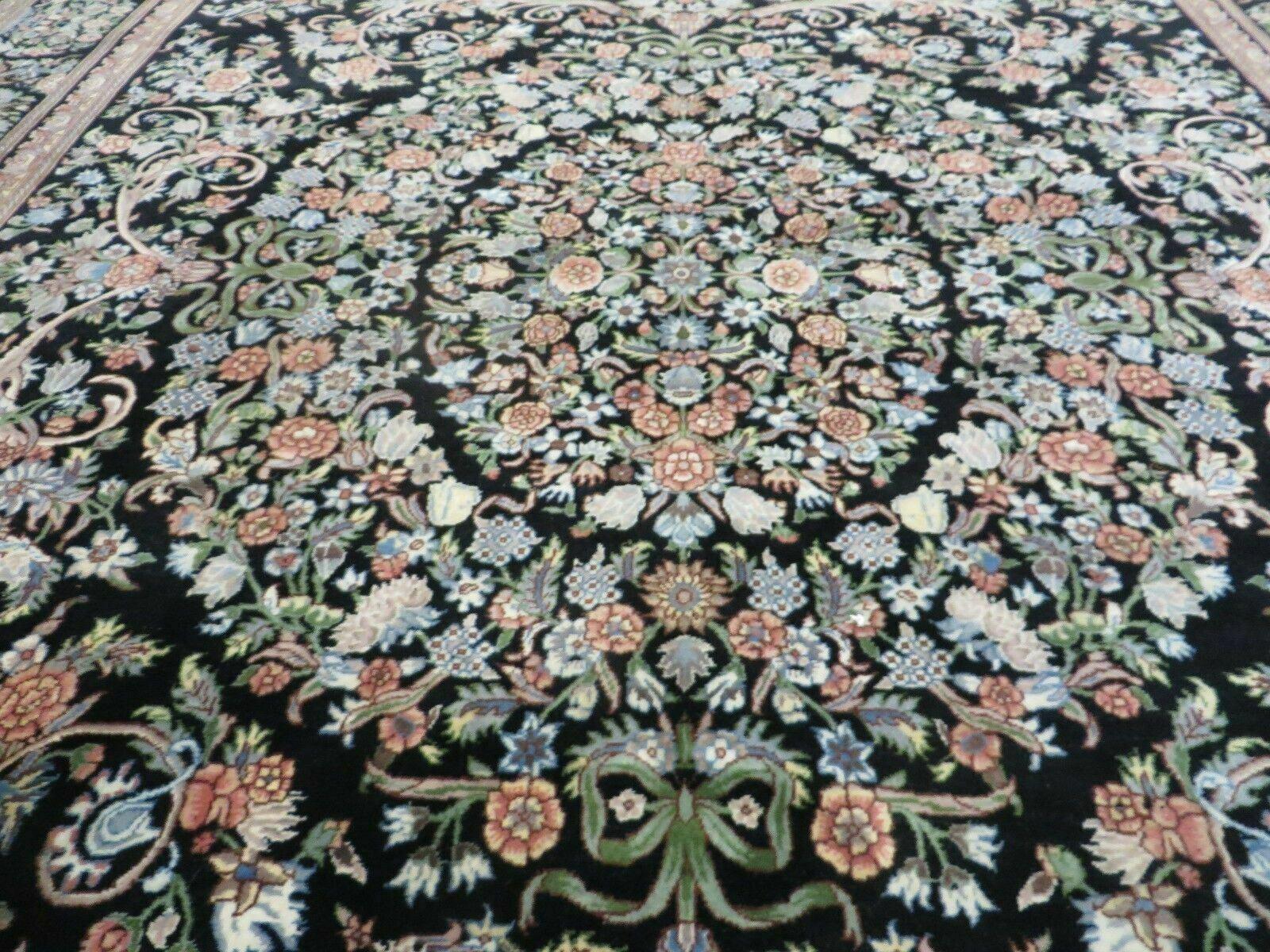 8' X 10' Vintage Handmade Pakistani Floral Wool Rug Black Nice - Jewel Rugs